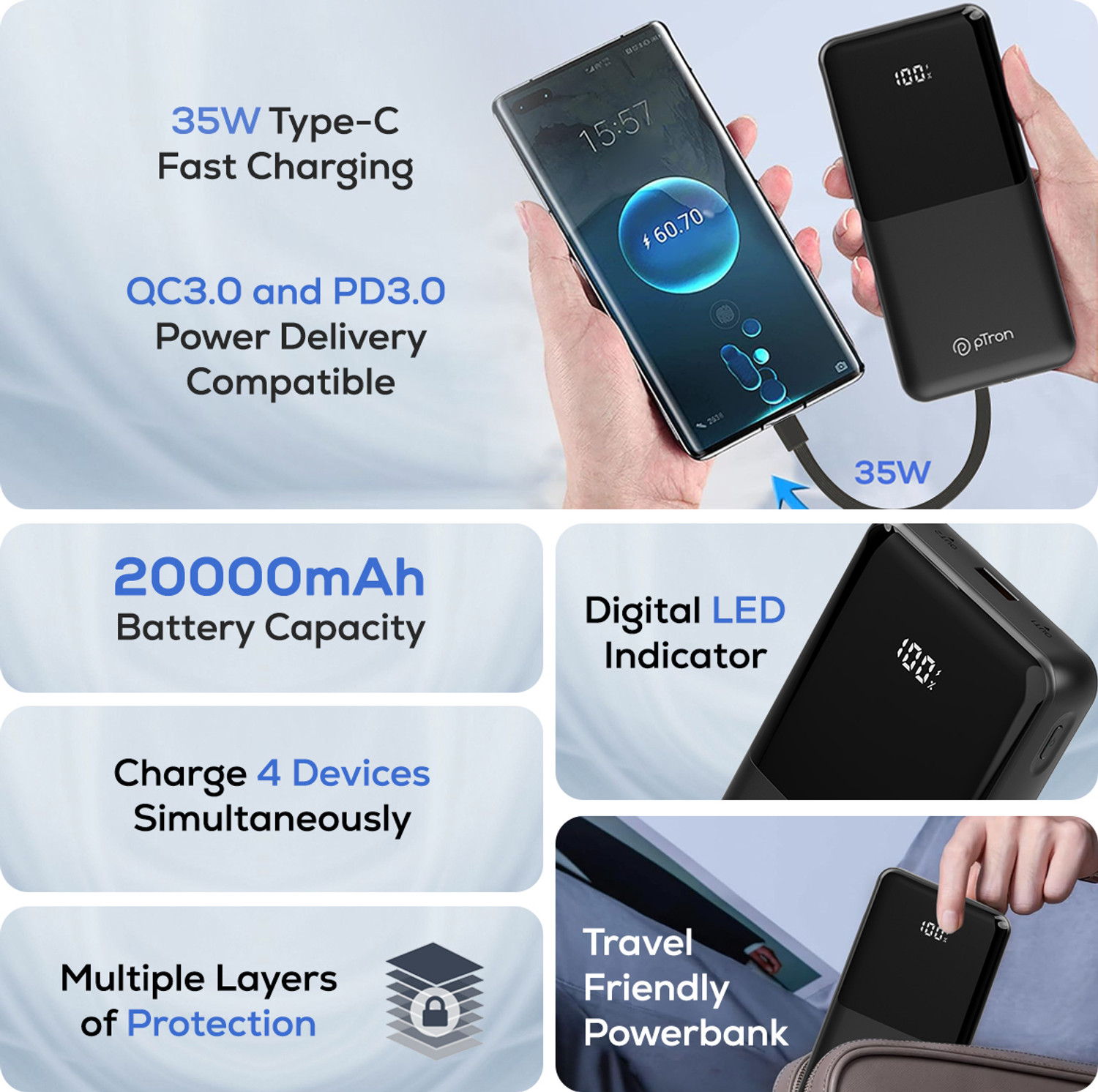 Image of PTron 20000 mAh 35 W Compact Pocket Size Power Bank