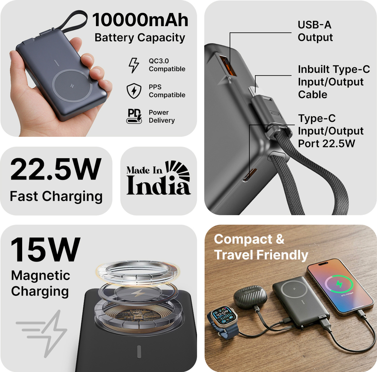 Image of PTron 10000 mAh 22.5 W Wireless With MagSafe Compact Pocket Size Power Bank