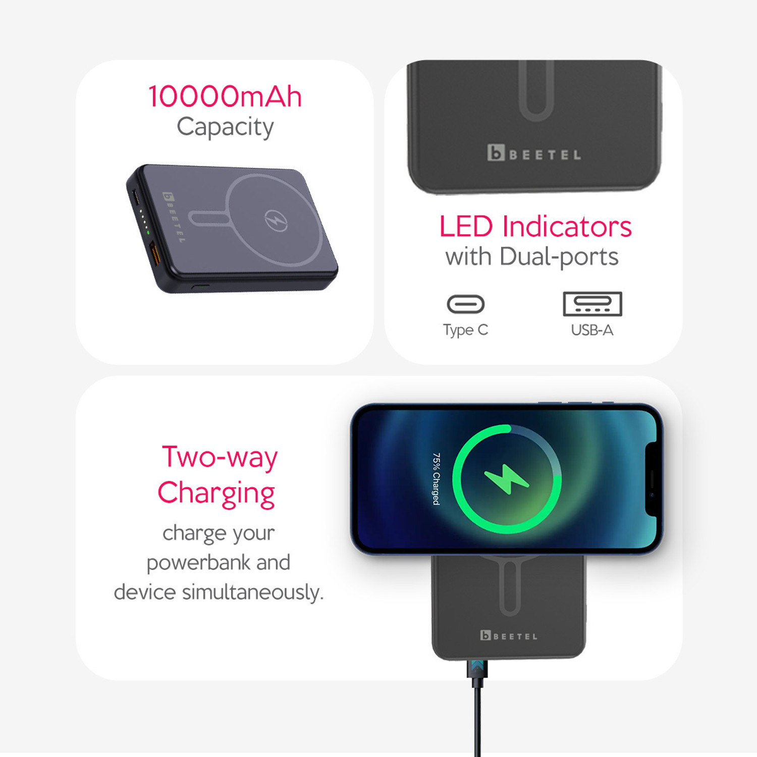 Image of Beetel 10000 mAh 22.5 W Wired & Wireless With MagSafe Compact Pocket Size Power Bank