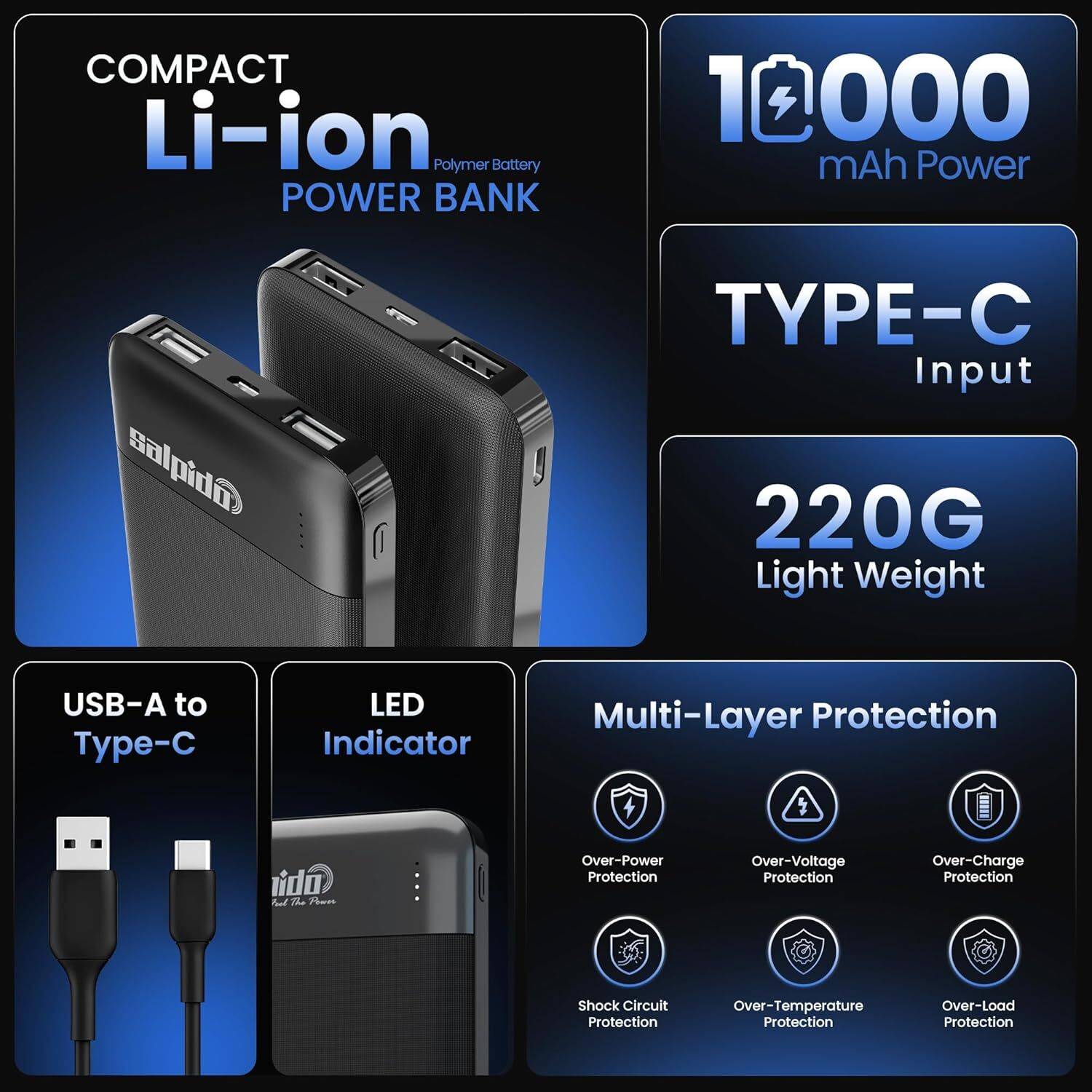 Salpido 10000mAh 12W Ultra Slim Power Bank Black - Image 2