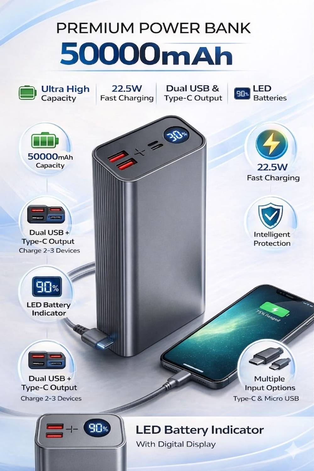 FAHIG 50000 mAh 22.5W Silver Power Bank - Image 3