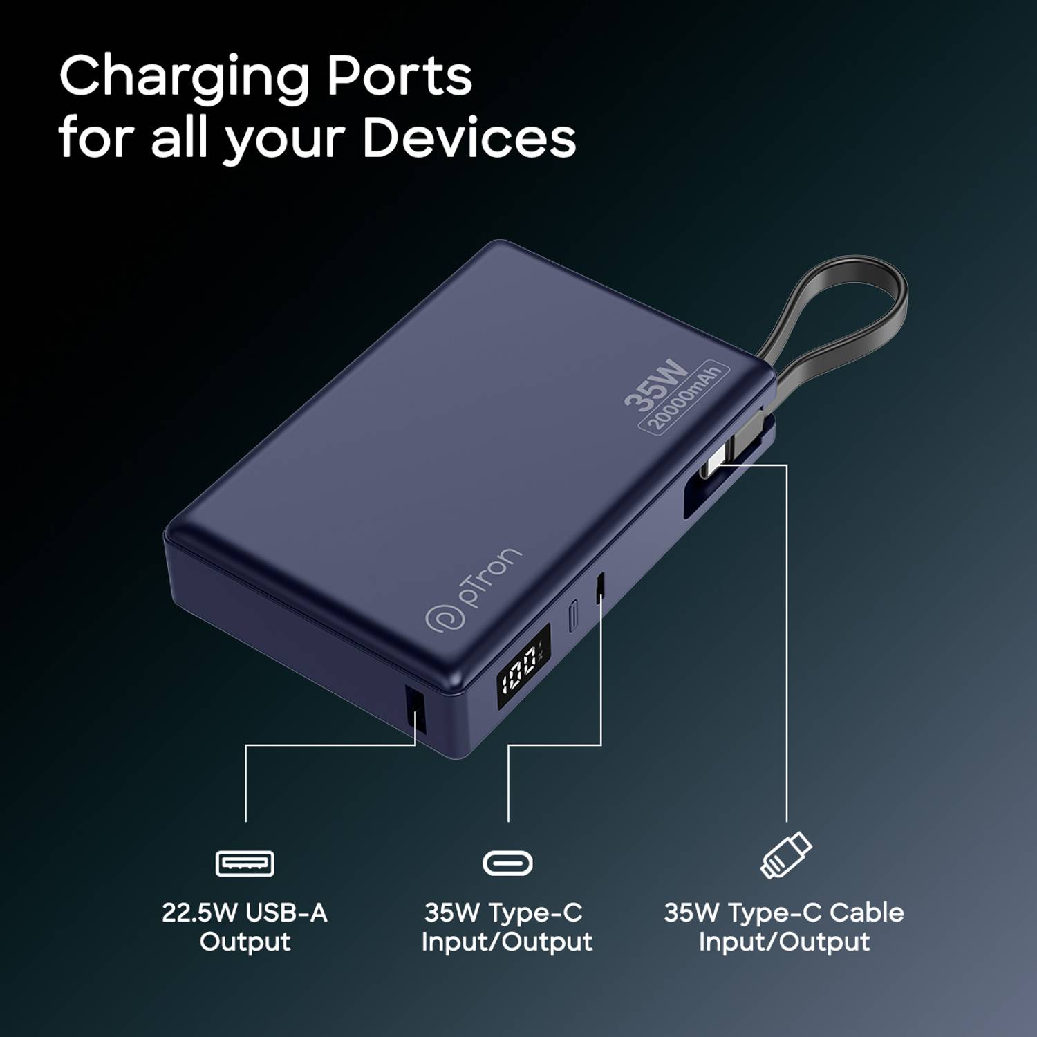PTron 20000 mAh 35W Blue Power Bank - Image 4