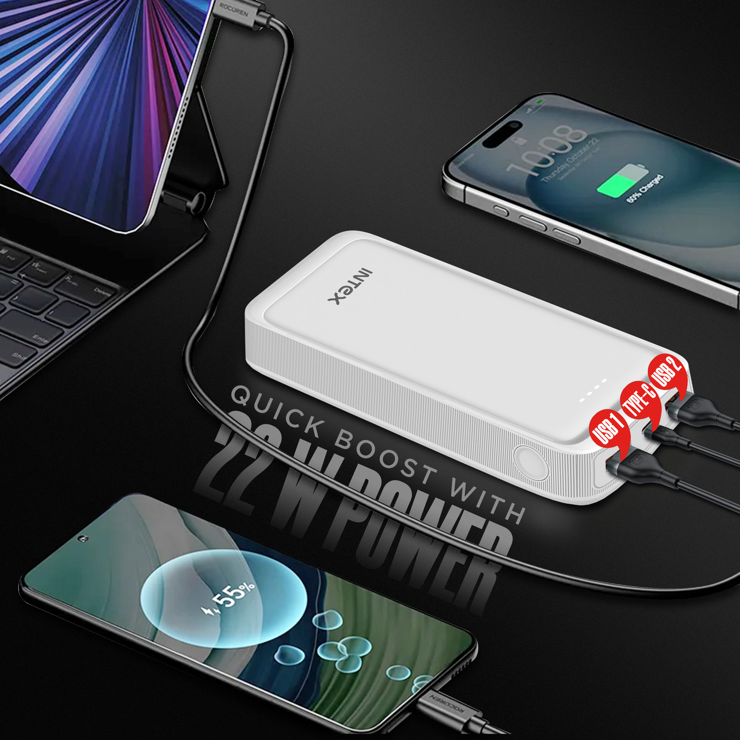 Image of Intex 20000 mAh 22 W Compact Power Bank (Creamy White, Lithium Polymer, Fast Charging for Mobile)
