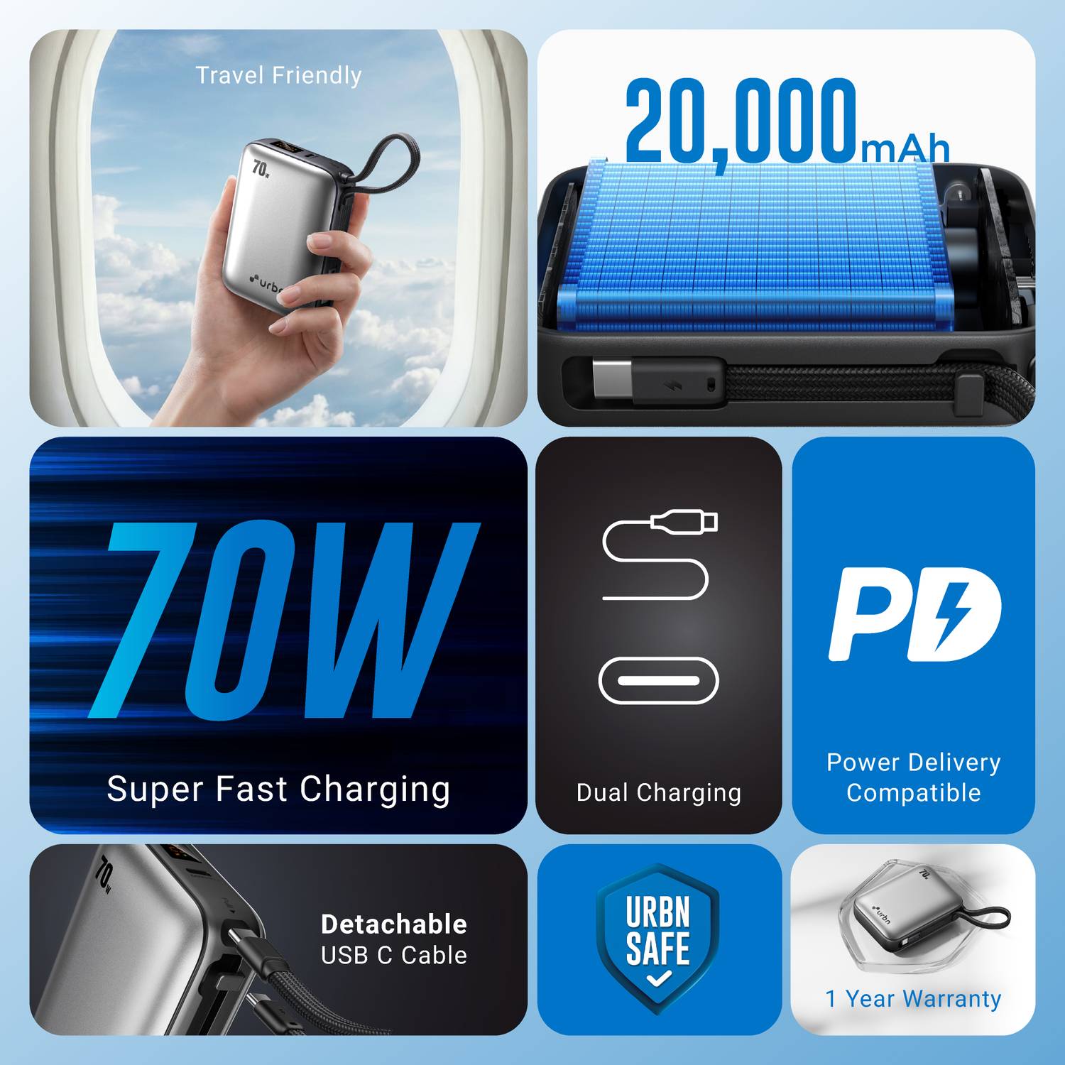 URBN 20000 mAh 70W Silver Power Bank - Image 2