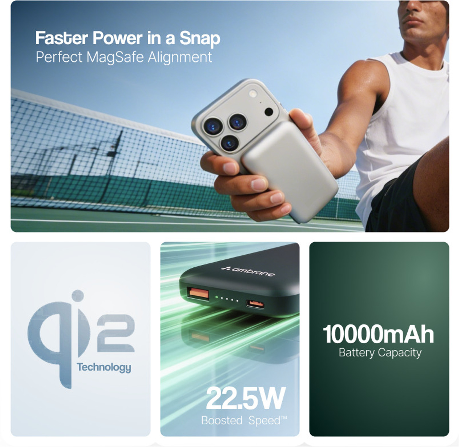 Image of Ambrane 10000 mAh 22.5 W Wired & Wireless With MagSafe Compact Pocket Size Power Bank