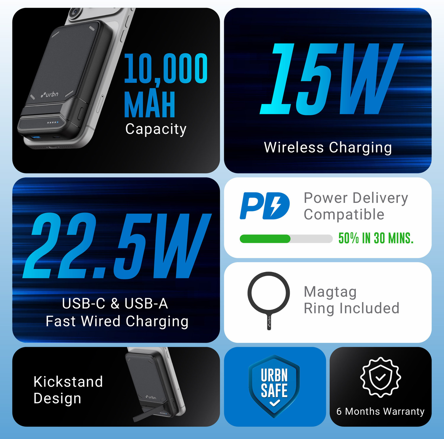 Image of URBN 10000 mAh 22.5 W Wired & Wireless With MagSafe Compact Pocket Size Power Bank