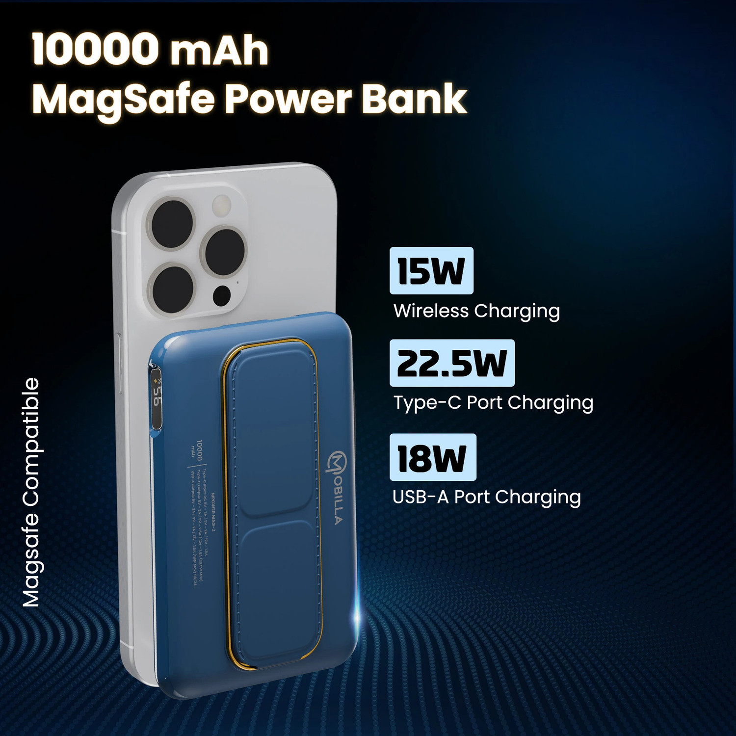 Image of Mobilla 10000 mAh 22.5 W Wired & Wireless With MagSafe Compact Pocket Size Power Bank (Midnight Blue, Lithium-ion, Power Delivery 3.0, Quick Charge 3.0, Fast Charging for Mobile, Earbuds, Smartwatch, Smartband, Speaker, Trimmer)