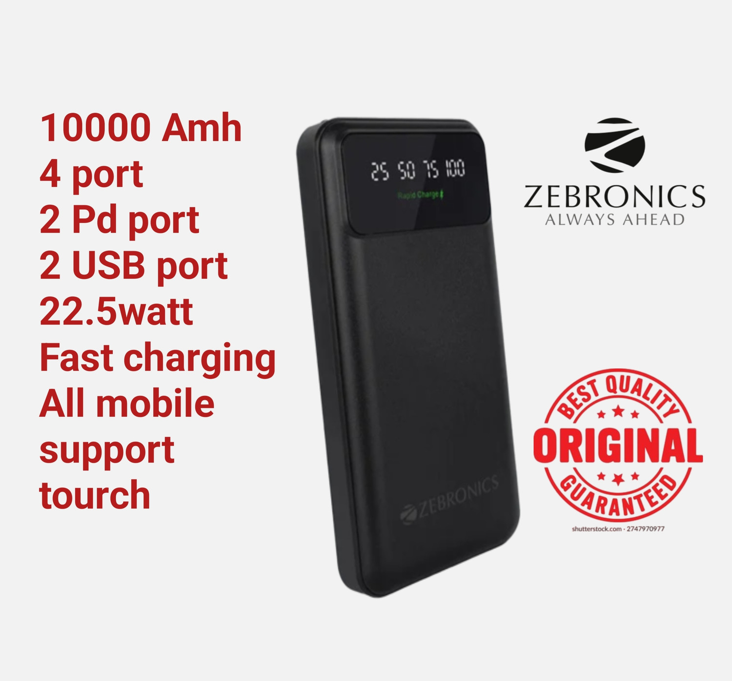 Image of ZEBRONICS 10000 mAh 22.5 W Power Bank