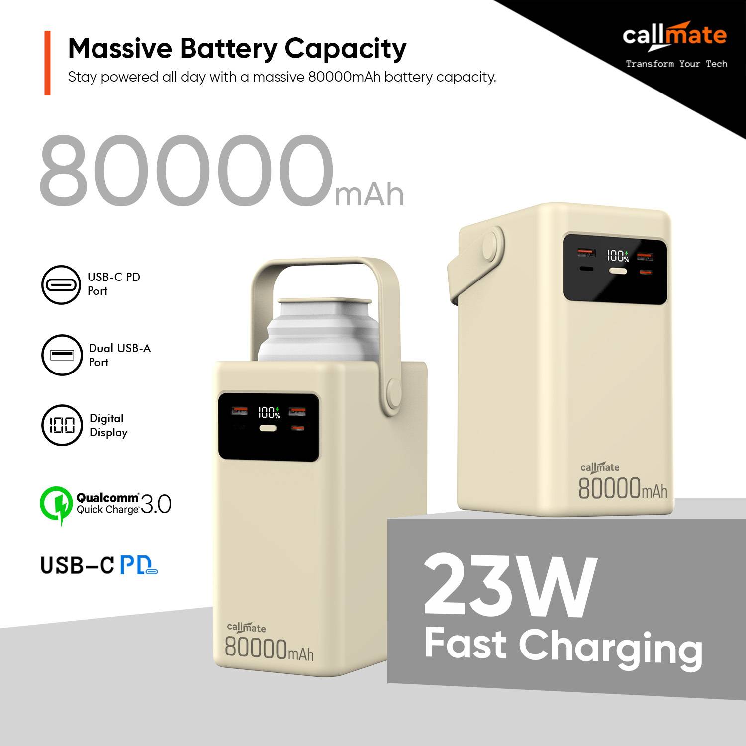 Callmate 80000 mAh 23W Power Bank Beige - Image 2
