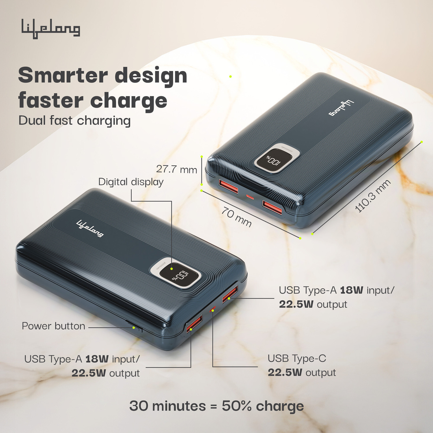 Image of Lifelong 20000 mAh 22.5 W Compact Pocket Size Power Bank (Dark Blue, Lithium Polymer, Quick Charge 3.0 for Smartwatch, Mobile, Tablet, Earbuds)