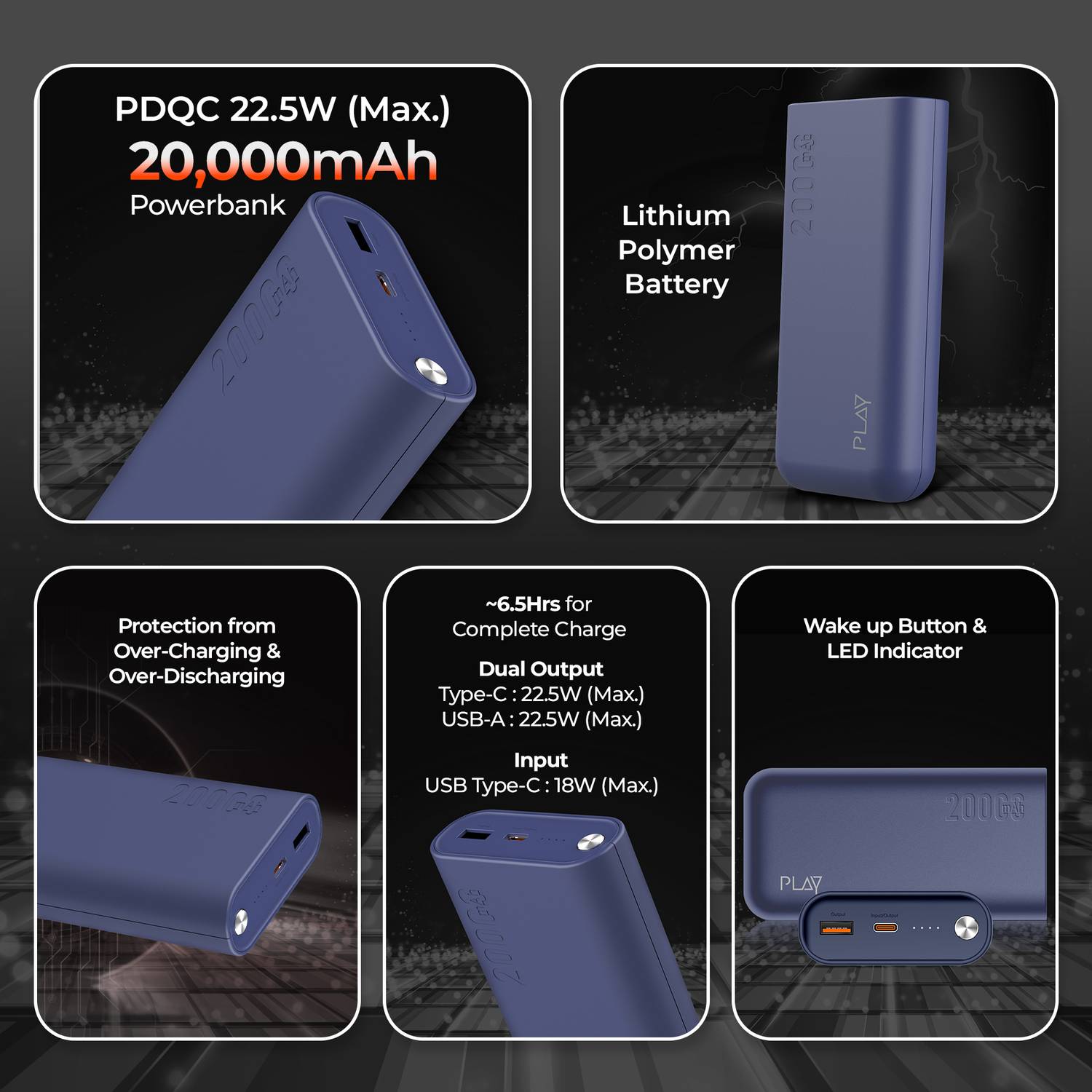 PLAY 20000 mAh 22.5 W Power Bank (Blue, Lithium Polymer, Fast Cha... more
