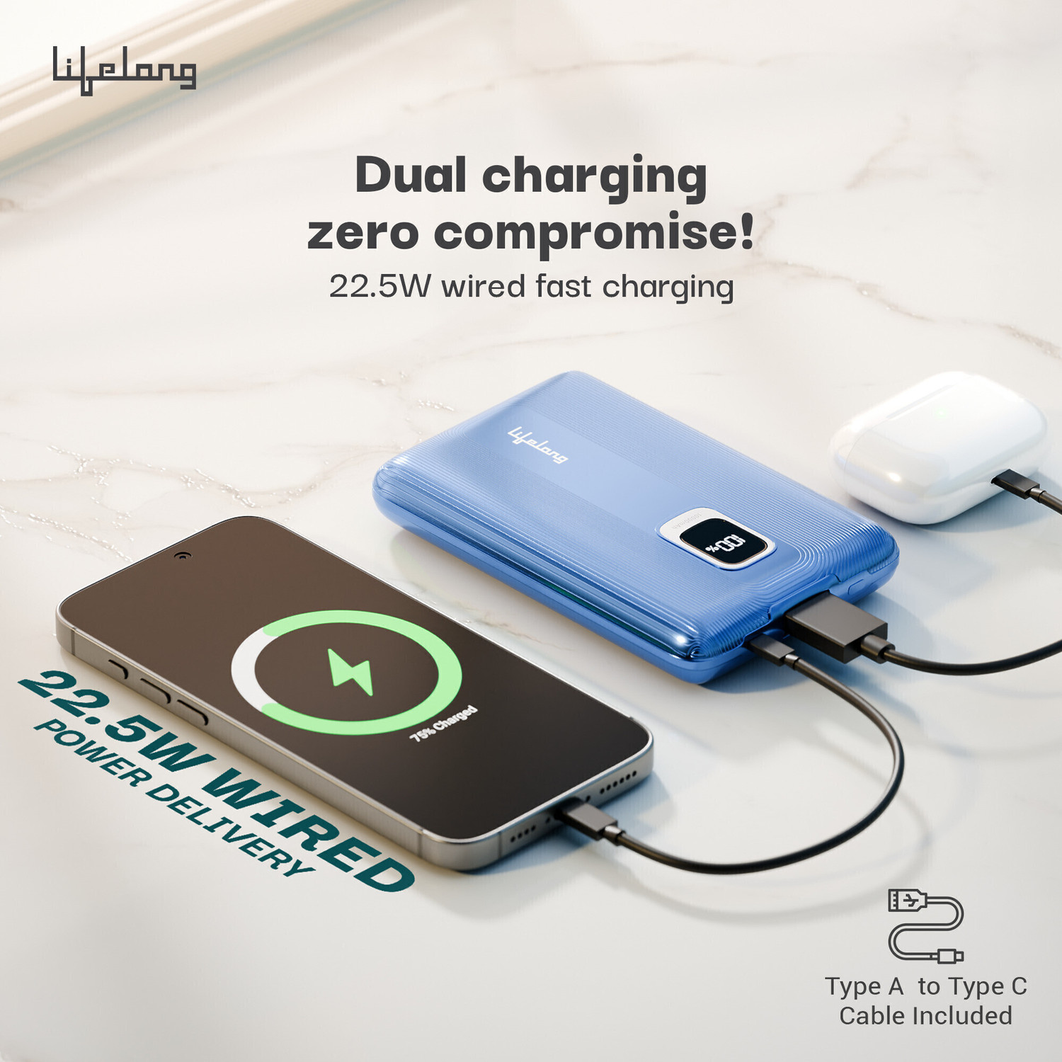 Image of Lifelong 10000 mAh 22.5 W Compact Pocket Size Power Bank (Metallic Blue, Lithium Polymer, Quick Charge 3.0 for Smartwatch, Mobile, Tablet, Earbuds)