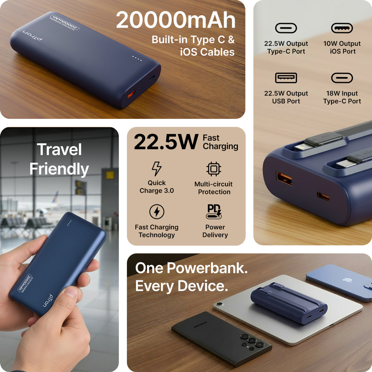 Image of PTron 20000 mAh 22.5 W Compact Pocket Size Power Bank