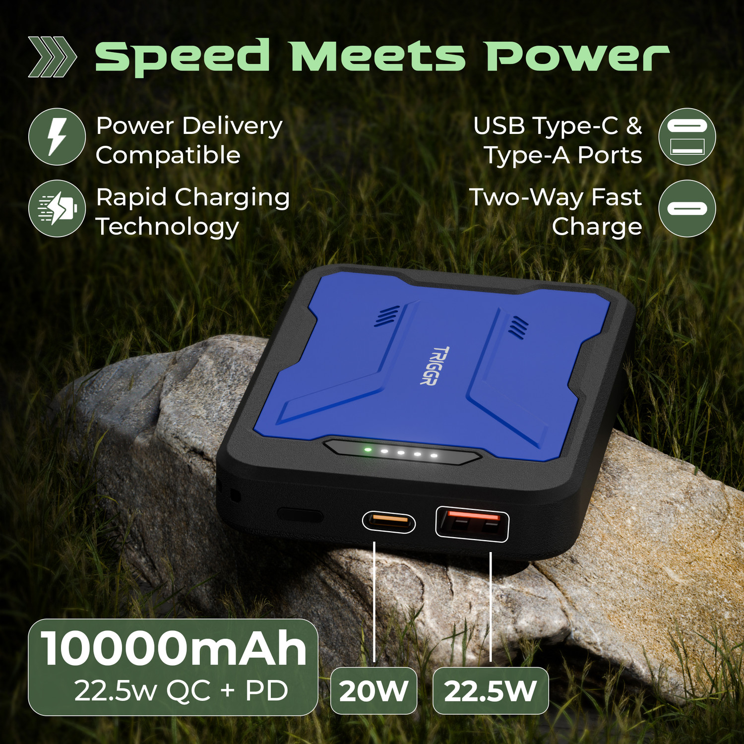 Image of TRIGGR 10000 mAh 22.5 W Compact Pocket Size Power Bank (Mariner Black, Lithium Polymer, Quick Charge 3.0, Power Delivery 3.0 for Mobile, Tablet, Earbuds)