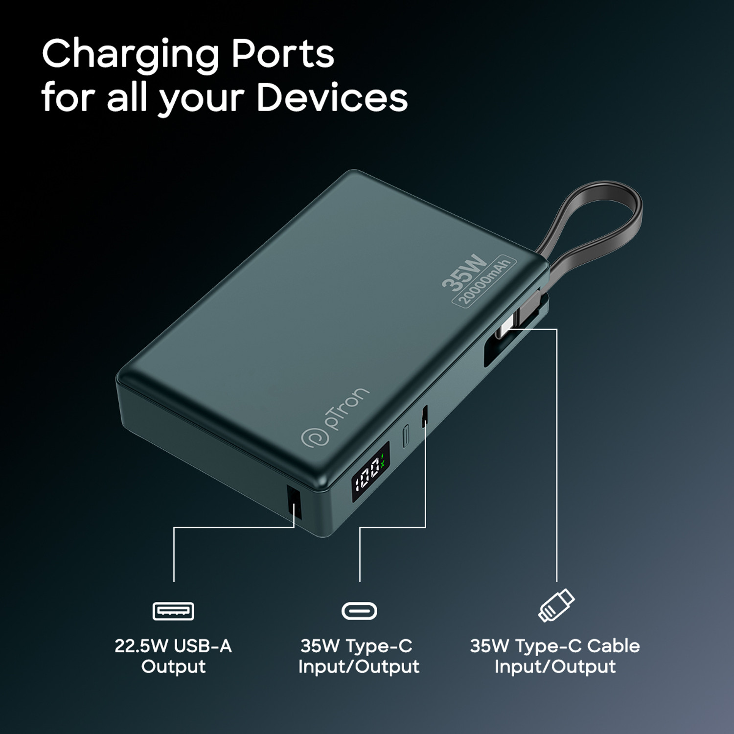 Image of PTron 20000 mAh 35 W Compact Pocket Size Power Bank