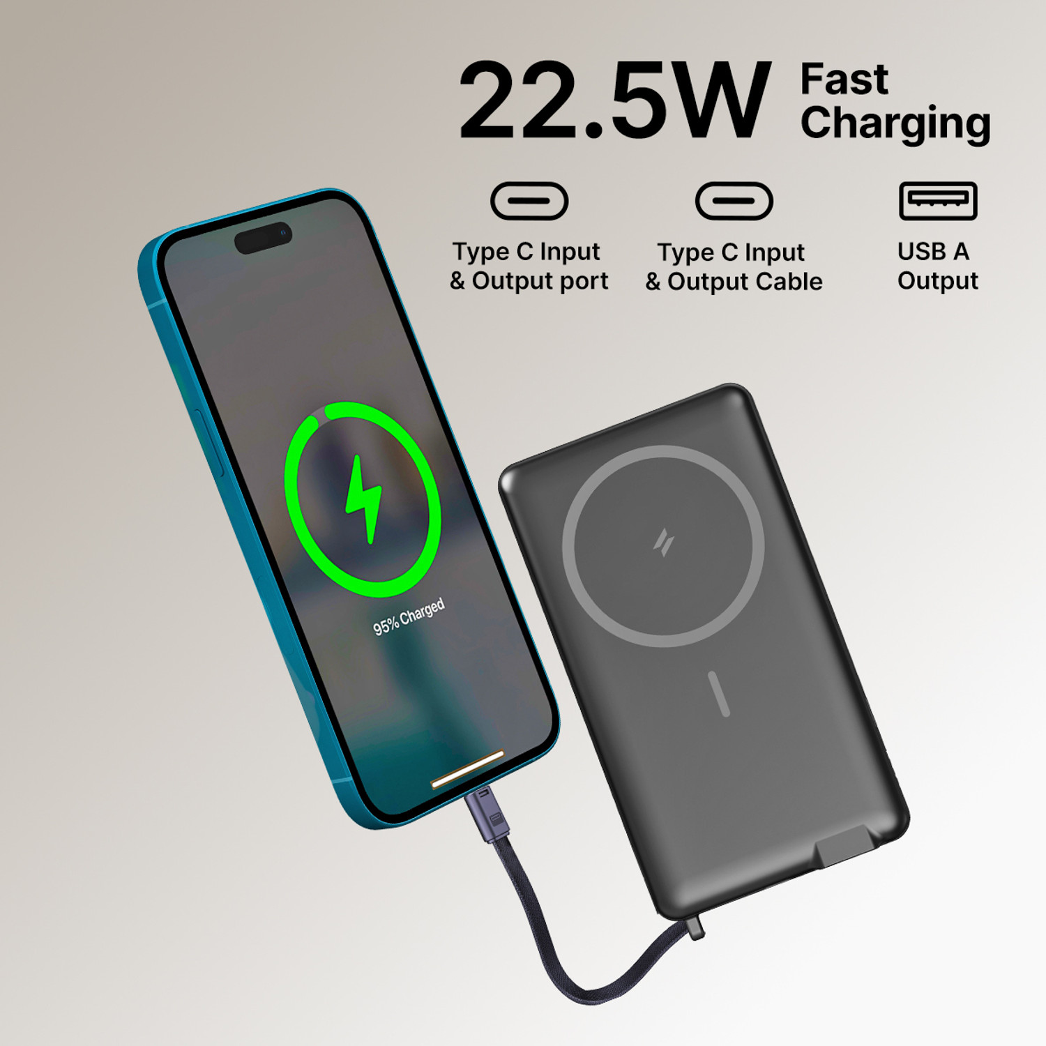 Image of PTron 10000 mAh 22.5 W Wireless With MagSafe Compact Pocket Size Power Bank