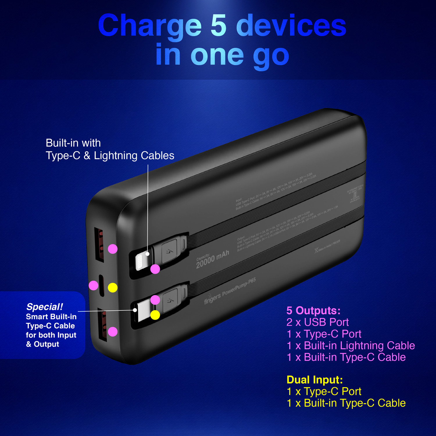 Image of FINGERS 20000 mAh 65 W Compact Pocket Size Power Bank