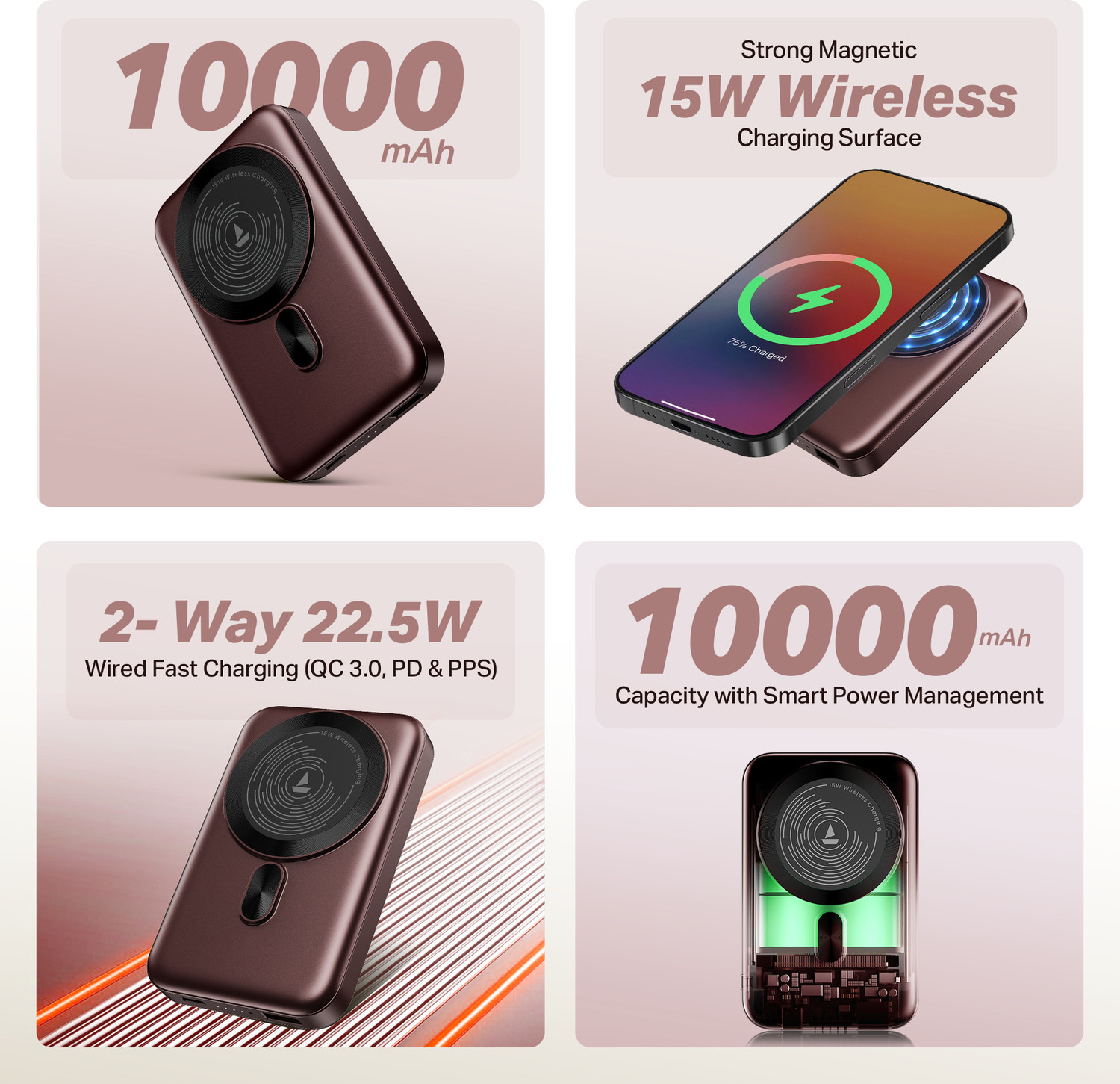 Image of boAt 10000 mAh 22.5 W Wired & Wireless With MagSafe Compact Pocket Size Power Bank (Wine Red, Lithium Polymer, Fast Charging, Quick Charge 3.0 for Mobile)