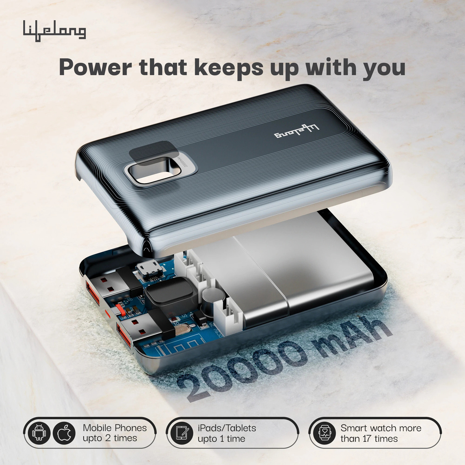 Image of Lifelong 20000 mAh 22.5 W Compact Pocket Size Power Bank (Dark Blue, Lithium Polymer, Quick Charge 3.0 for Smartwatch, Mobile, Tablet, Earbuds)