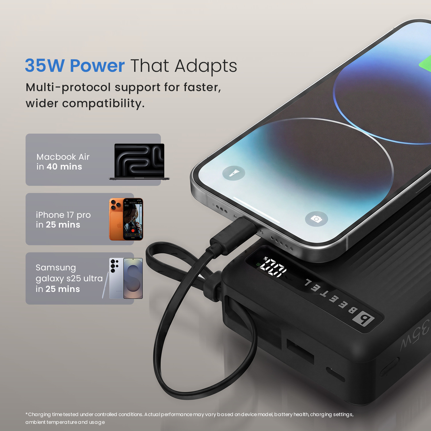 Image of Beetel 20000 mAh 35 W Nano Pocket Size Power Bank (Black, Lithium Polymer, Fast Charging for Mobile, Tablet, Smartwatch, Earbuds, Speaker)
