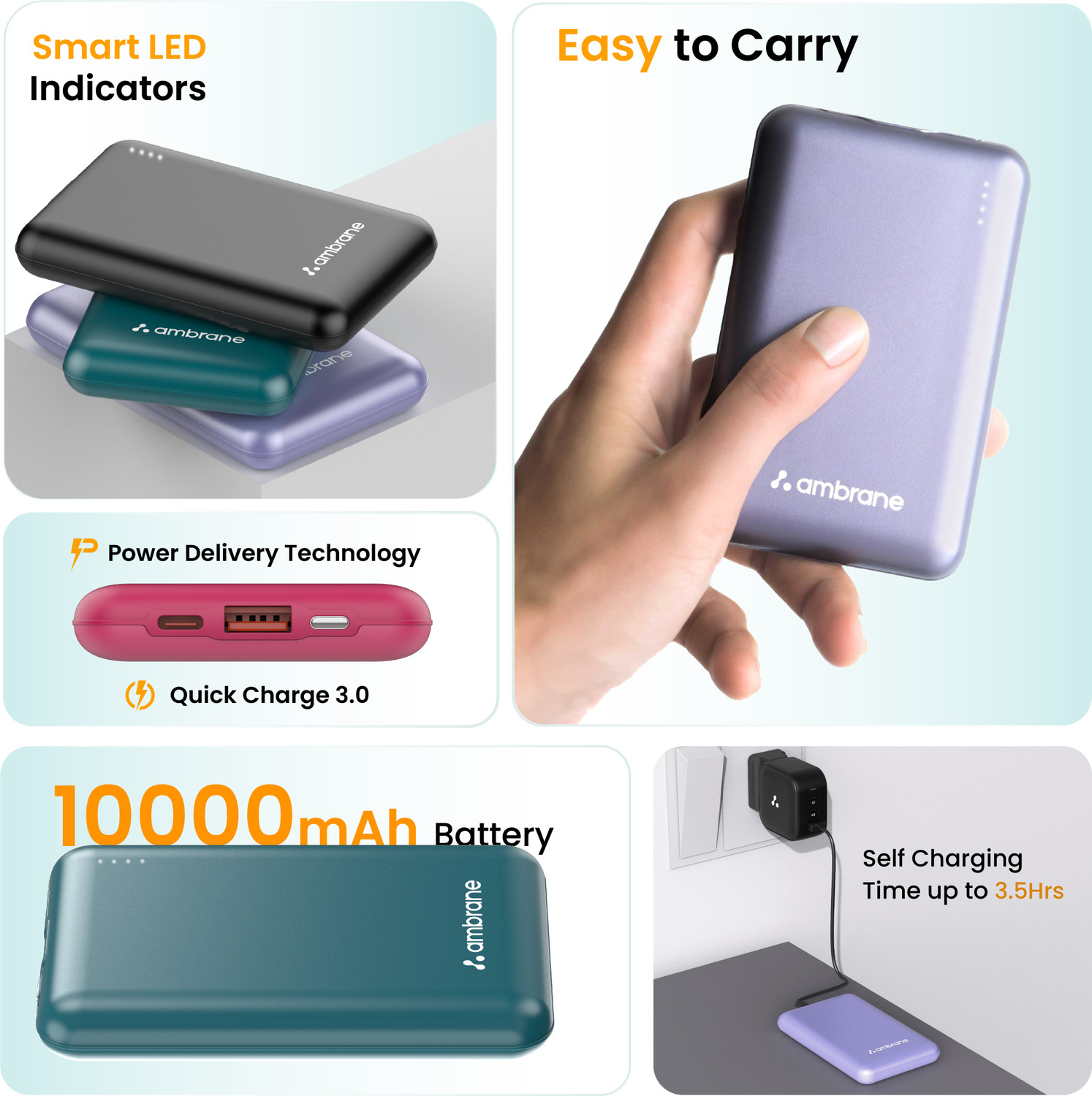 Image of Ambrane 10000 mAh 22.5 W Mini Pocket Size Power Bank (Maroon, Lithium Polymer, Power Delivery 3.0, Quick Charge 3.0 for Mobile)