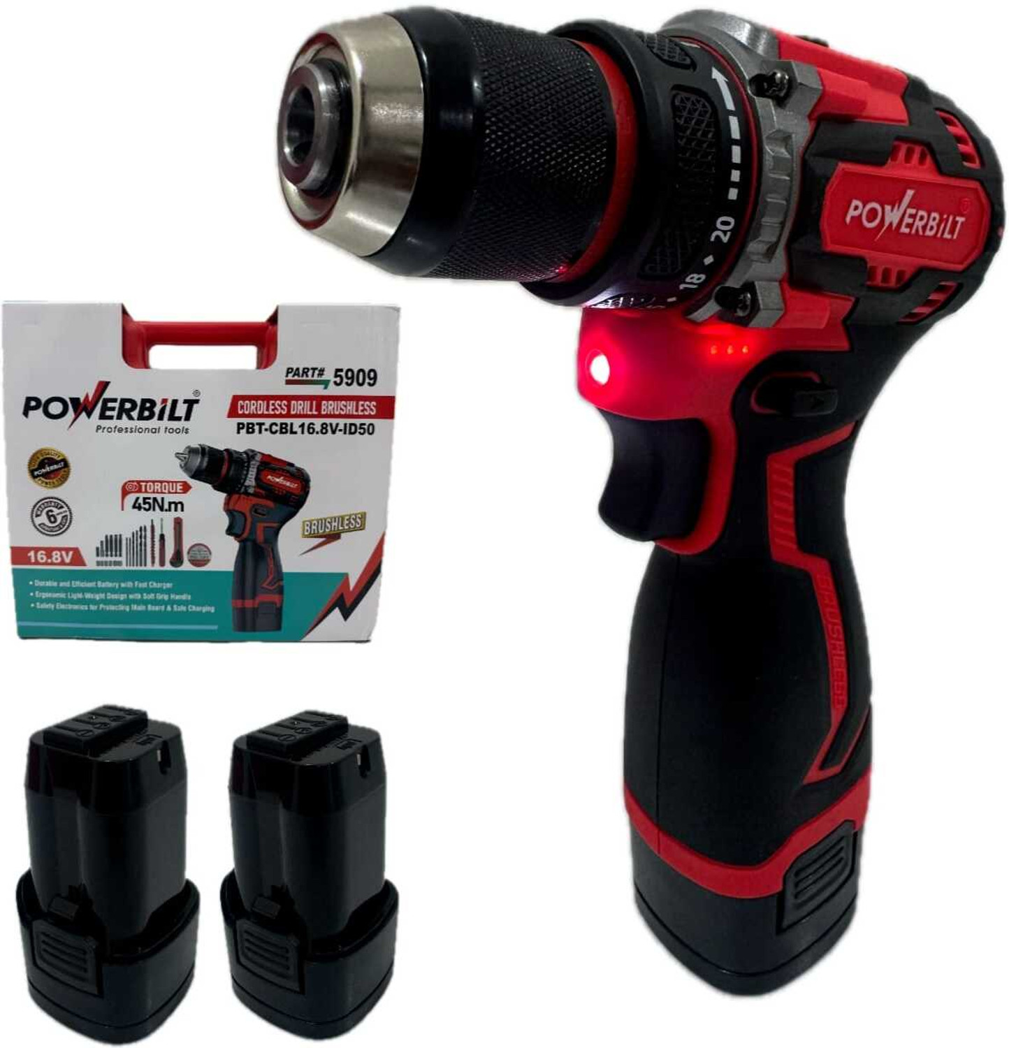 Image of PowerBilt CORDLESS BRUSHLESS DRILL 16.8V LI-ION BATTERY & CHARGER,45 NM MAX TORQUE Power & Hand Tool Kit