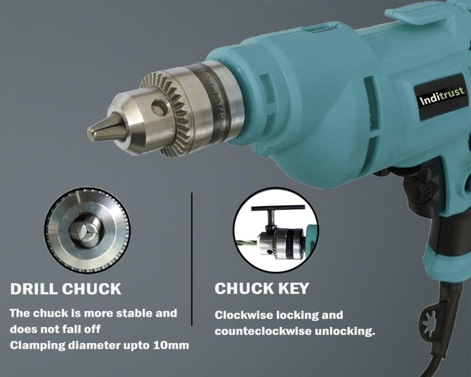 Image of Inditrust New 500W 10mm drill machine 6Month warranty, 100% Copper Winding Forward /Reverse 10mm drill machine for Wood & Metal Work with Variable Speed, 9pc Drill bit set Pistol Grip Drill