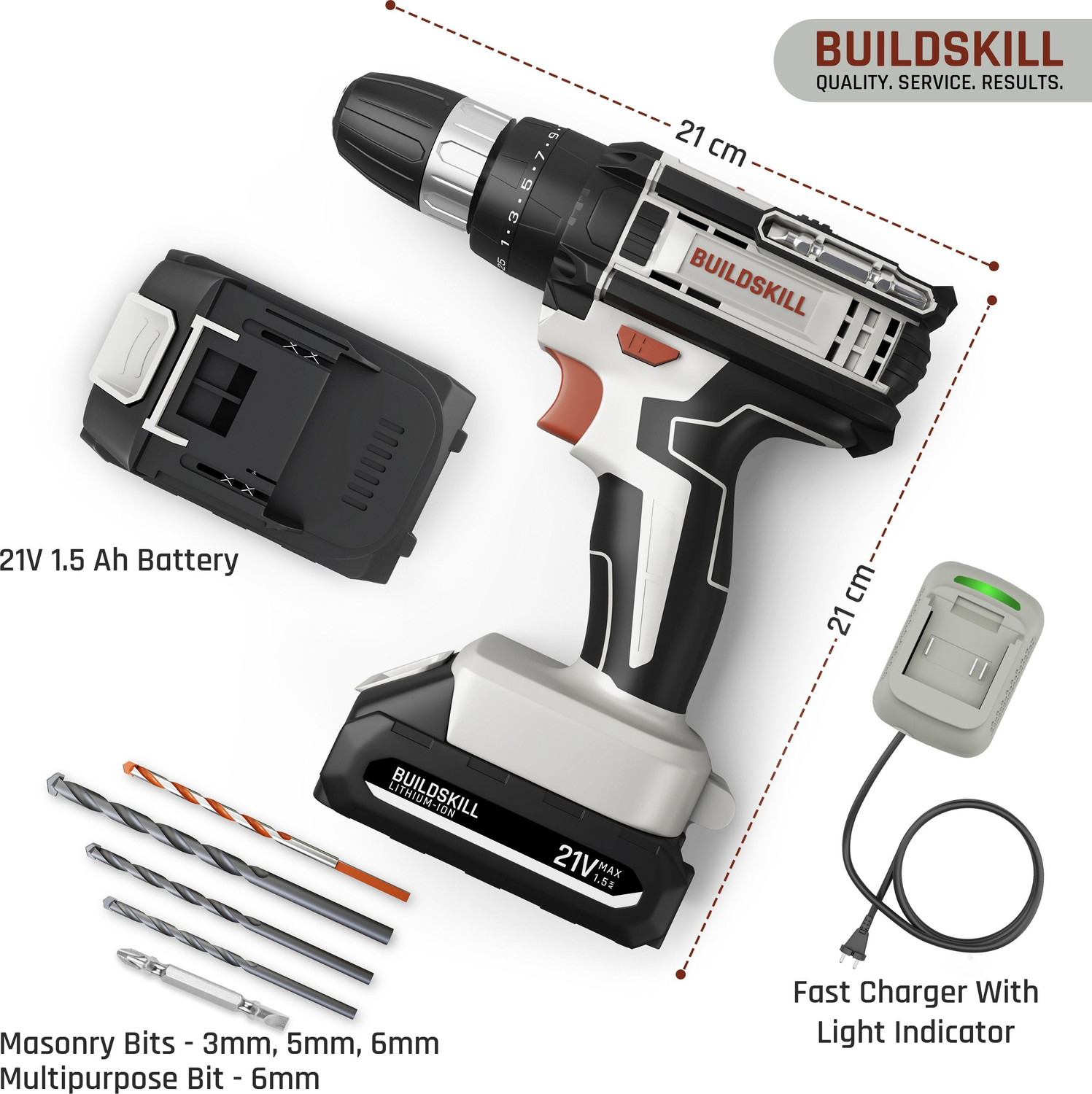Image of BUILDSKILL 21V Impact Cordless Drill Machine | 1 x 1.5 Ah Battery | 10mm Keyless Chuck BCD21115CB1 Cordless Drill