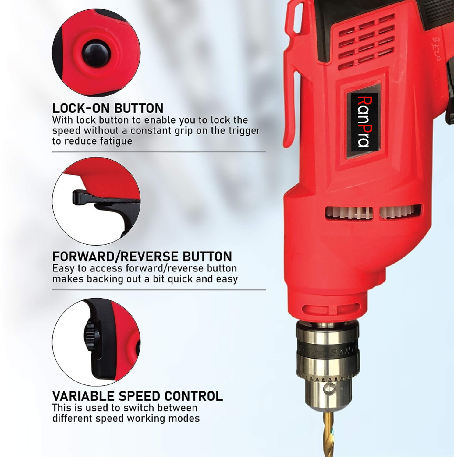Image of RanPra 100% Copper Winding 10mm Drill Machine with 1 Pair of Safety Gloves Pistol Grip Drill