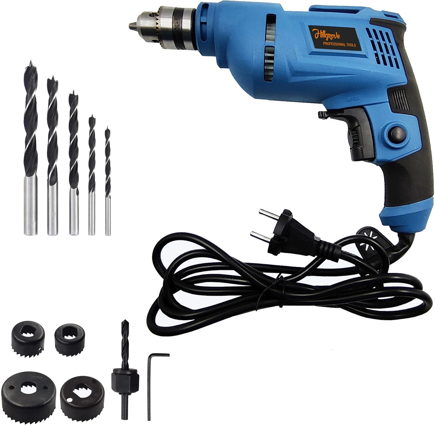 Image of Hillgrove HGCM1092M3 500W Power Drill Machine with 5 Pcs Wood Bits and 6Pcs Hole Saw Drill Bits for Making Holes in Metal /Wood /Concrete with Reverse Rotation HF0169 Pistol Grip Drill