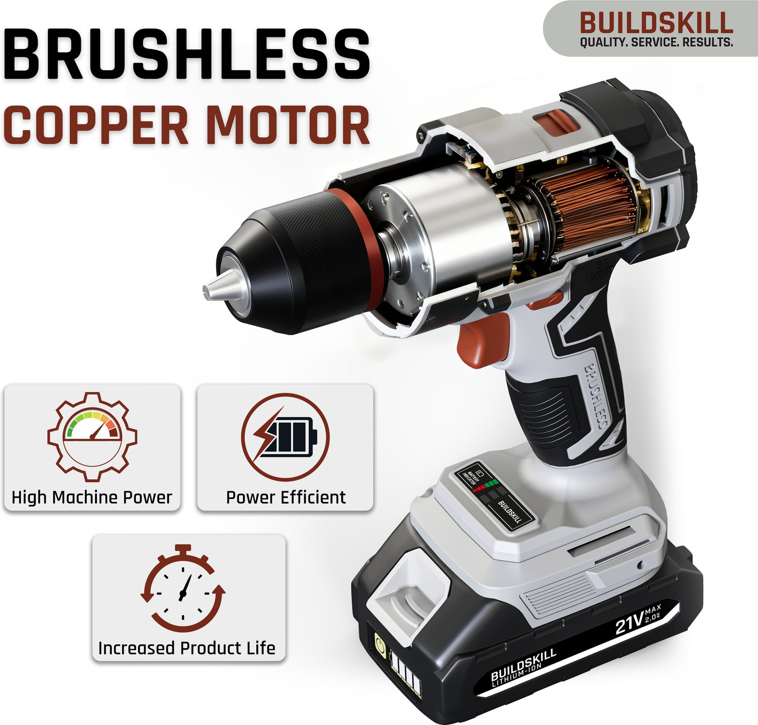Image of BUILDSKILL 21V Brushless Cordless Impact Drill Machine | 40NM Torque | 2-Speed 400 /1400 RPM BCD21VBLBMC Cordless Drill