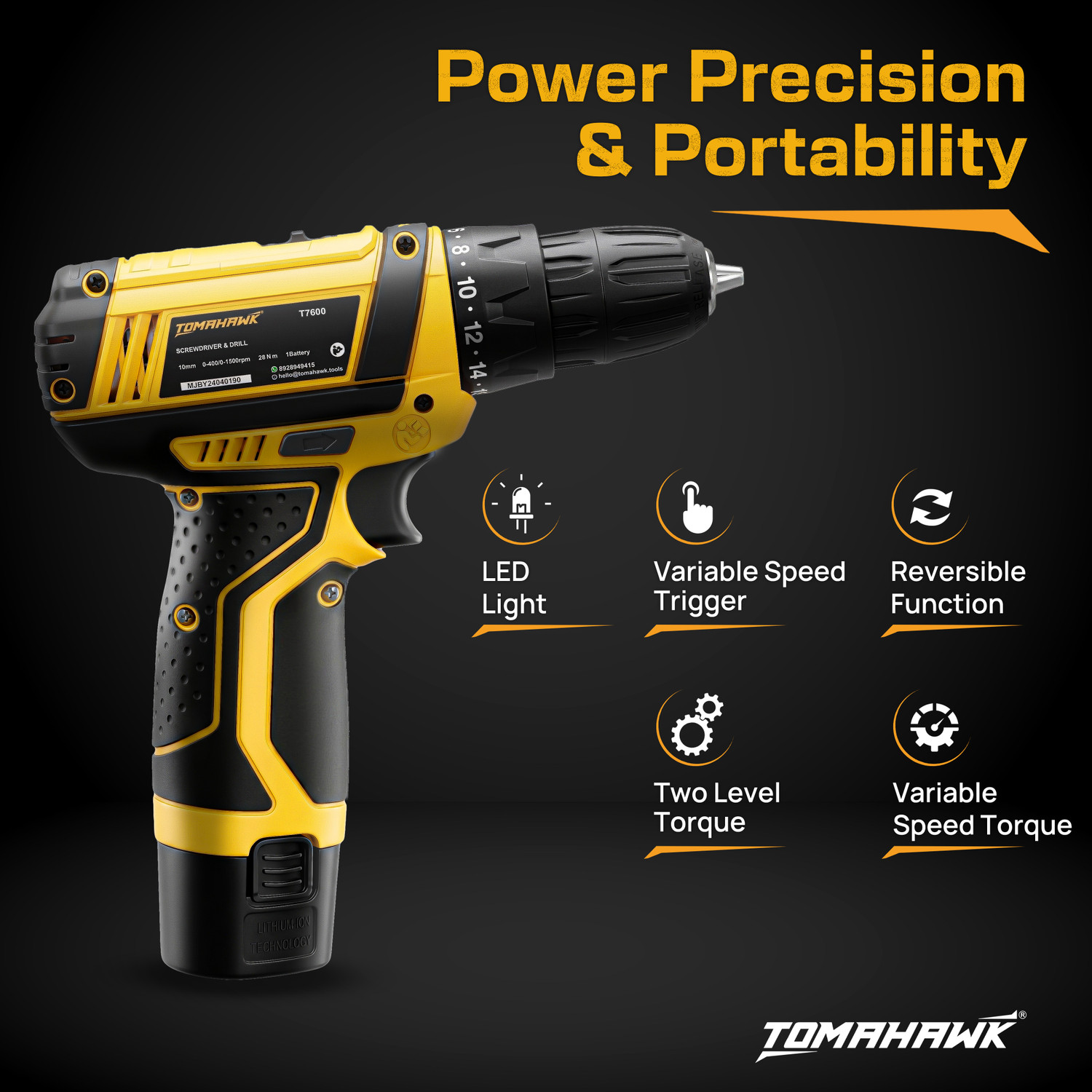Image of Tomahawk T 7600-S Cordless Screwdriver & Drill Set,25pcs - Compact and Powerful T7600-S-Drill Set-CL-1 Cordless Drill