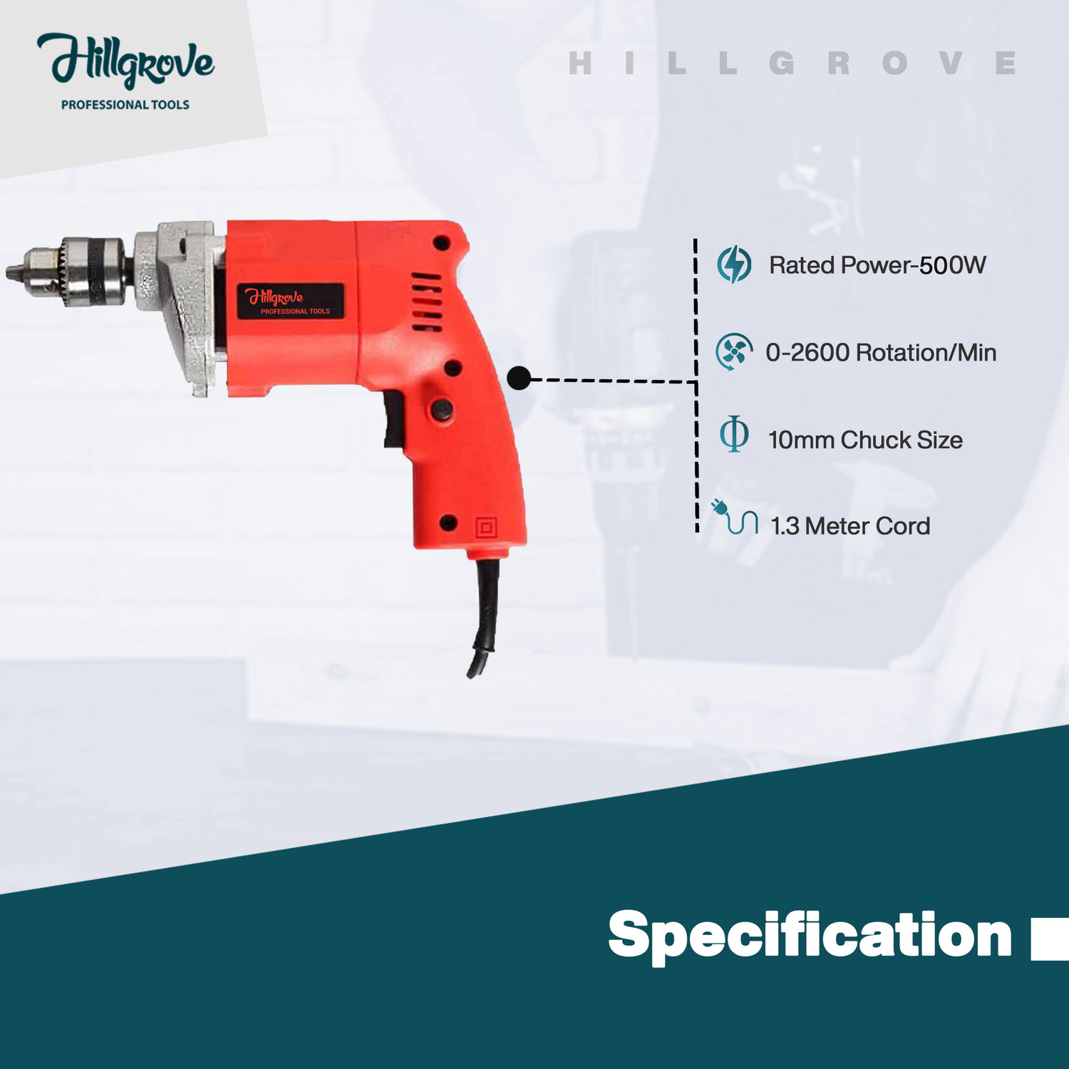 Image of Hillgrove HGCM1117M2 500W Drill Machine with 5Pcs Hand Tool Kit, 5Pcs HSS Drill Bits for Making Holes in Metal /Wood /Concrete Pistol Grip Drill NDM169 Pistol Grip Drill