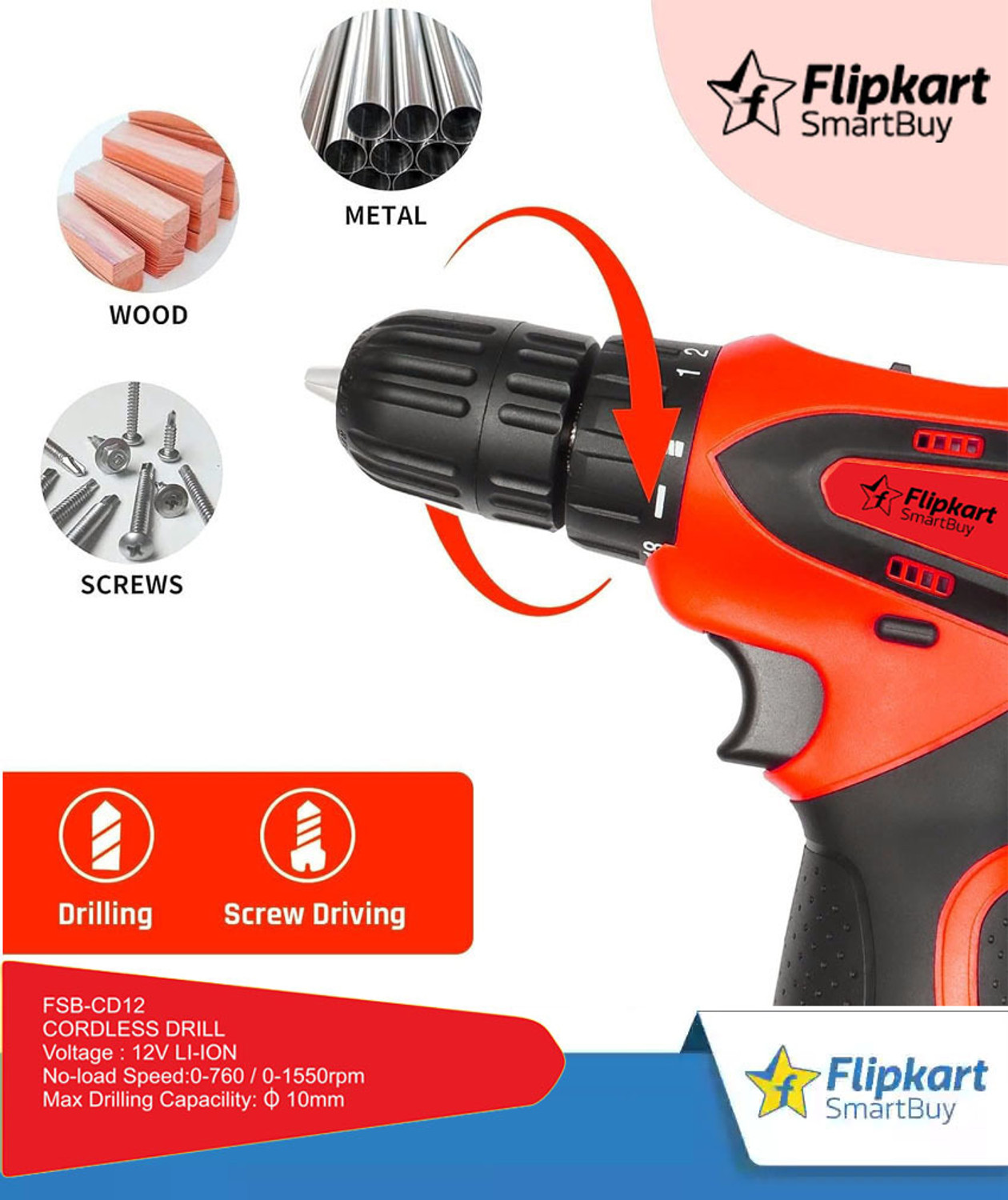 Image of Flipkart SmartBuy 10mm Cordless Drill Driver With 2Pcs Batteries 1x Charger FSB CSD10 Cordless Drill