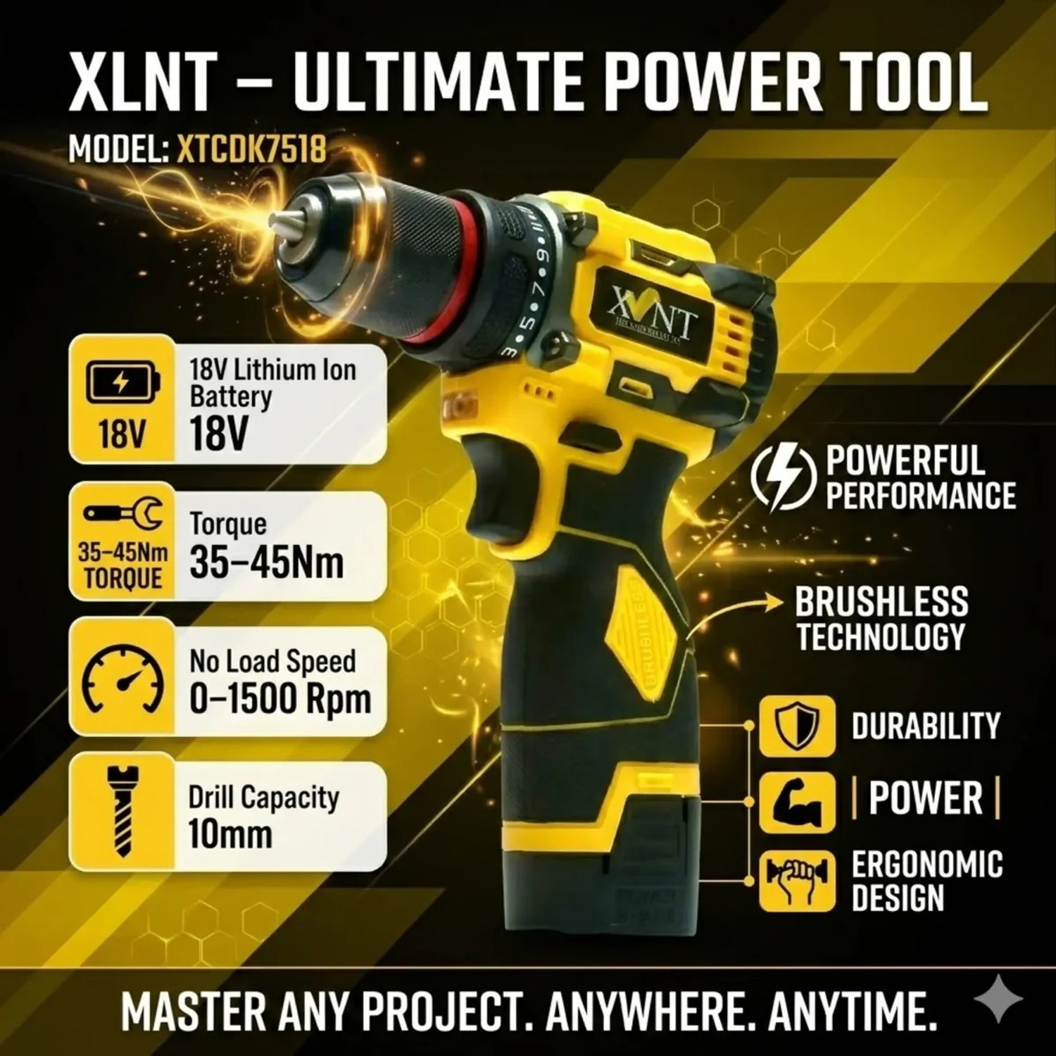 Image of NTH XLNT 18V Cordless Drill Machine with 10mm Metal Chuck, 0-1500 RPM Dual Speed Lithium Battery & Charger for Wood, Metal, Plastic and Installation Work Cordless Drill