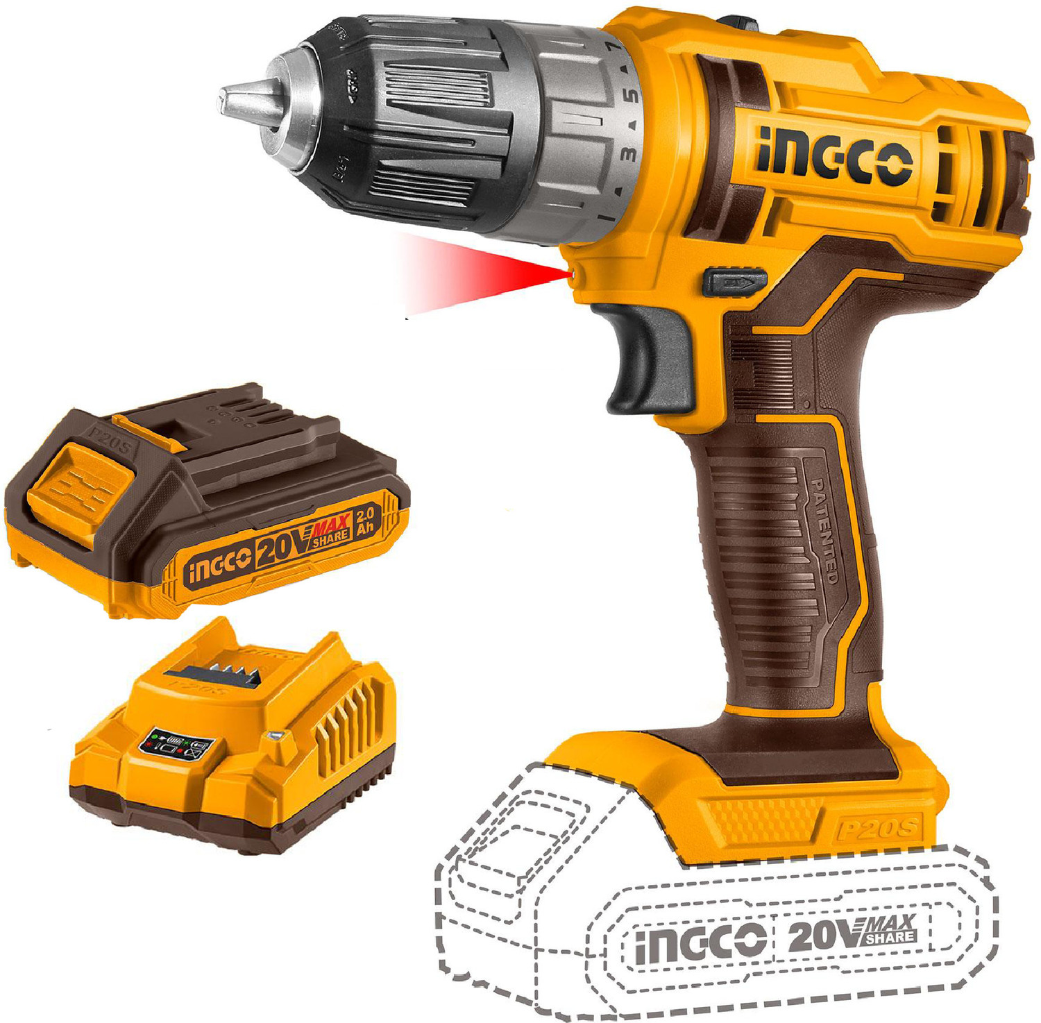 Image of INGCO Lithium-Ion Cordless Drill, 20V INGCO Power Tools, with 1pcs 2.0Ah Battery and Charger, Cordless Drill