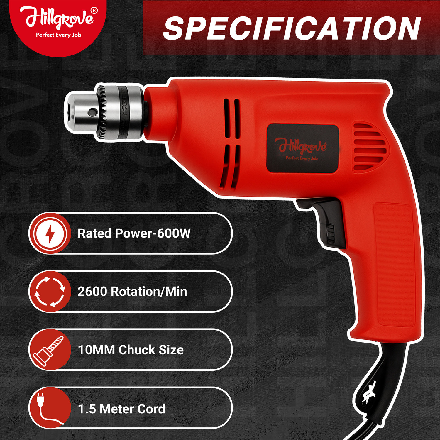 Image of Hillgrove HGCM1385M2 100% Copper Winding 10mm Drill Gun Drilling Machine Kit Set with HGCM1385M2 4inch Hand Angle Grinder Wall Cutter Grinding Glender Cutting Machine Hammer Drill