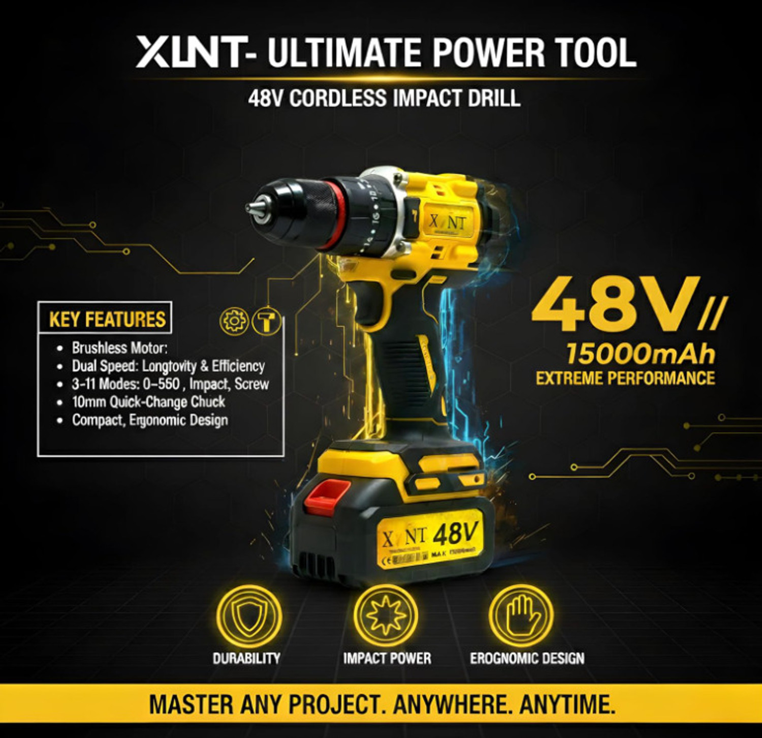 Image of Hakimi XLNT 2PCS 48V Cordless Brushless Impact Drill & Angle Grinder Combo Kit 3 Modes Hammer Drill 10mm, 2x 15000mAh Batteries, Fast Charger, BMC Carry Case Cordless Drill
