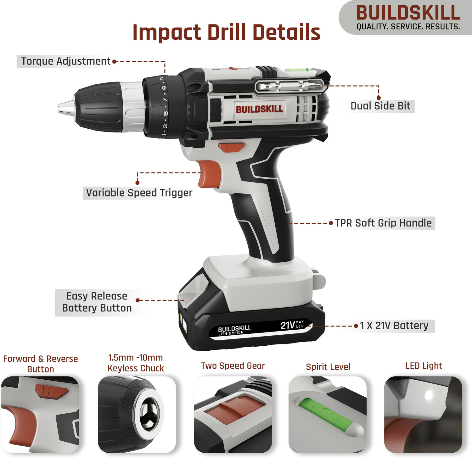 Image of BUILDSKILL 21V Impact Cordless Drill Machine | 1 x 1.5 Ah Battery | 10mm Keyless Chuck BCD21115CB1 Cordless Drill