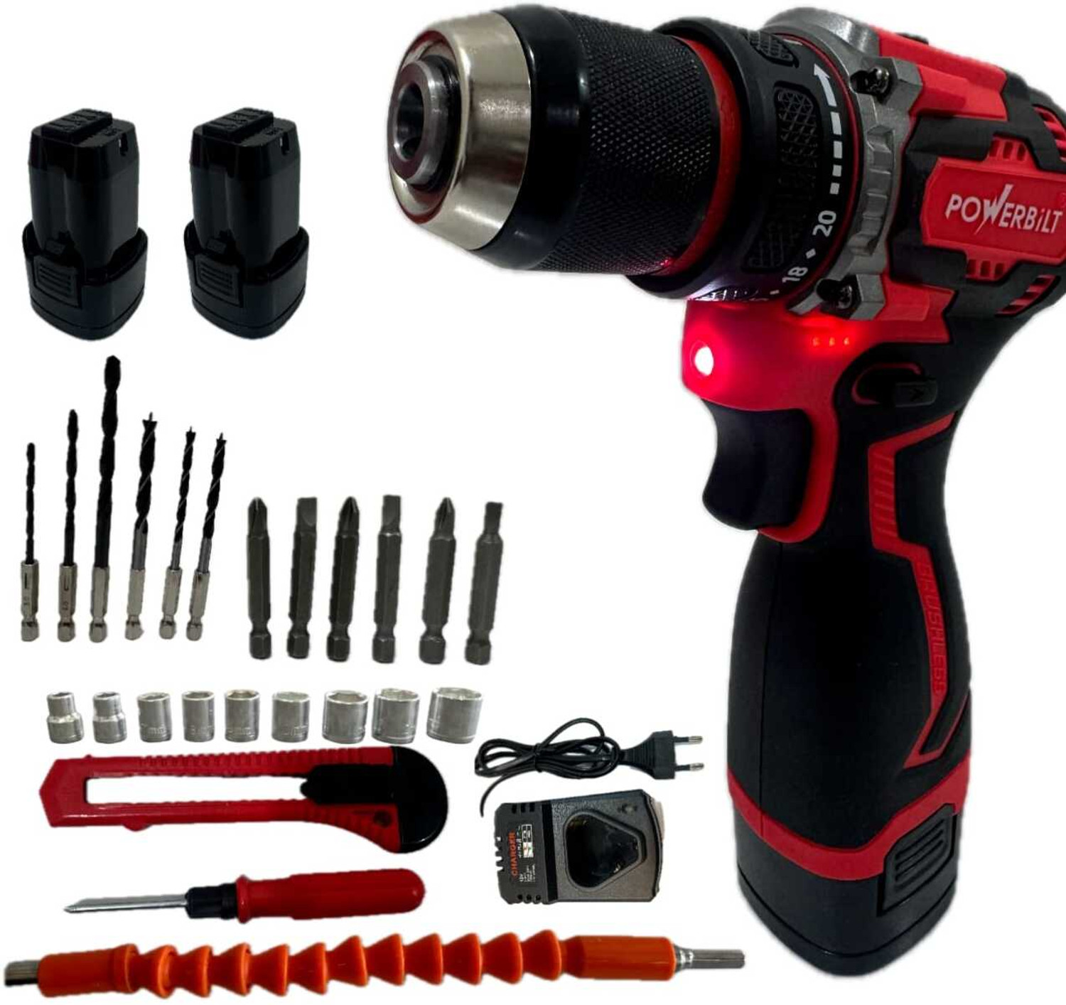 Image of PowerBilt CORDLESS BRUSHLESS DRILL 16.8V LI-ION BATTERY & CHARGER,45 NM MAX TORQUE Power & Hand Tool Kit