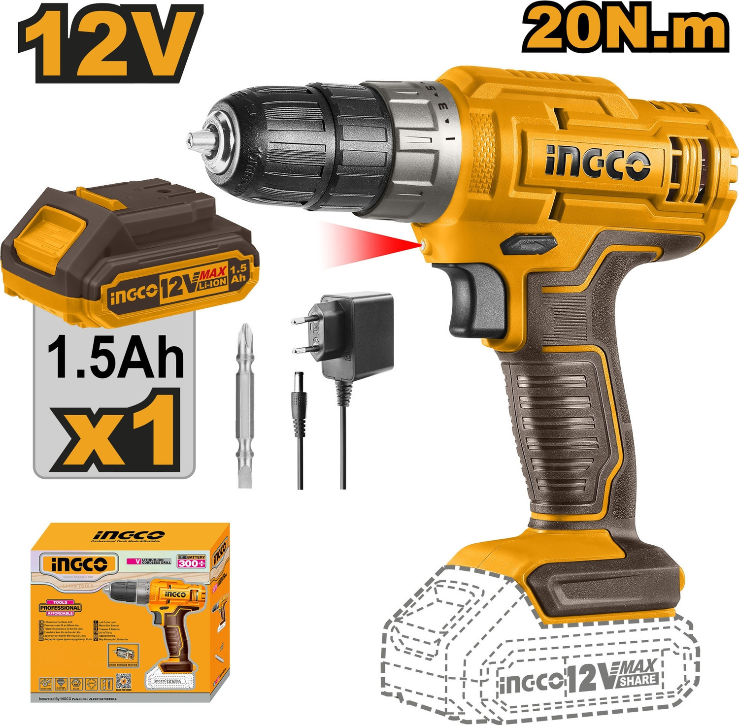 Image of INGCO 12V Cordless Drill Machine, 20Nm Torque, 10mm Keyless Chuck with LED Light Single Battery & Charger Cordless Drill