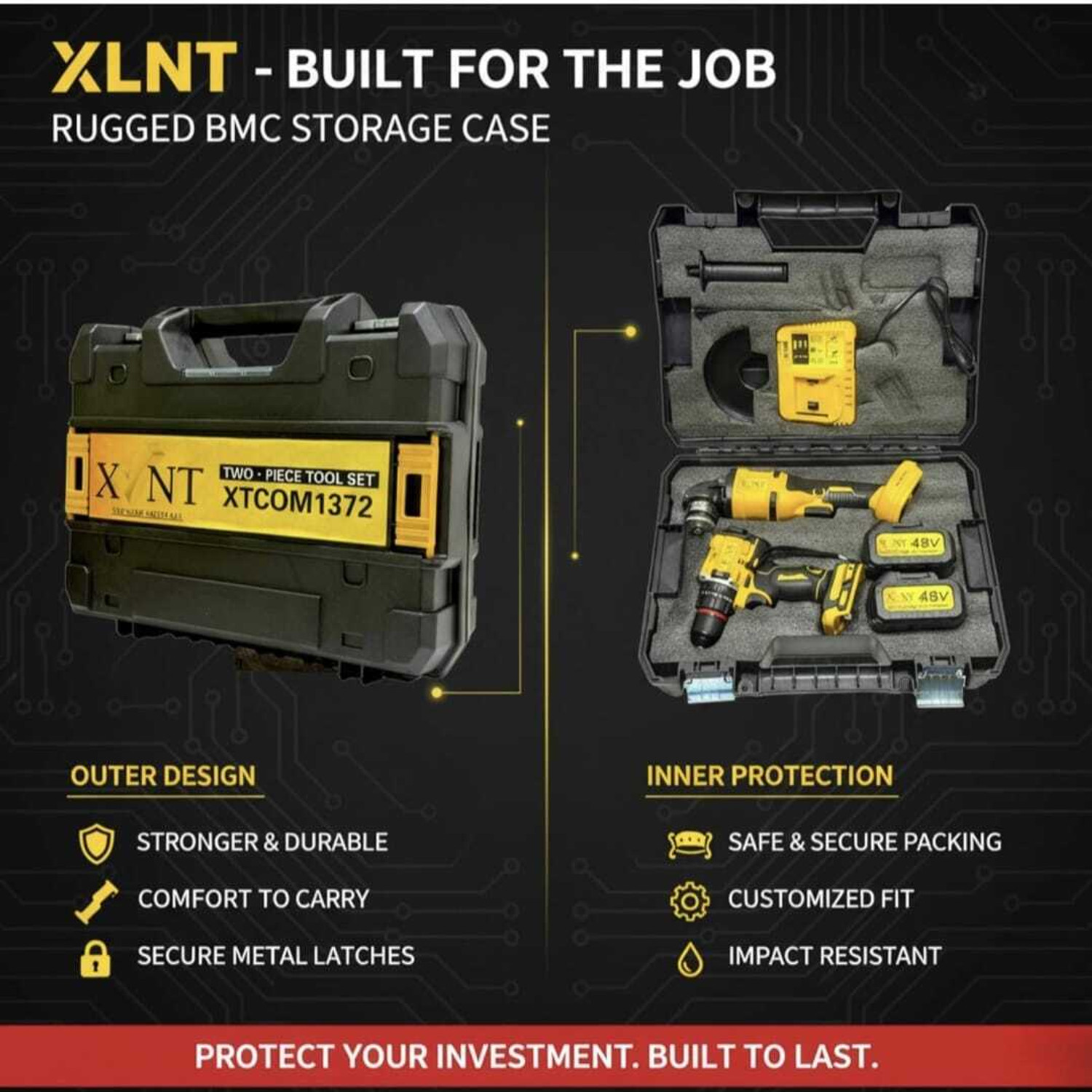 Image of NTH XLNT 2PCS 48V Cordless Brushless 52Nm Impact Drill & Angle Grinder Combo Kit, 3 3 Modes Hammer Drill 10mm,2x 15000mAh Battery, Fast Charger,BMC Carry Case,Heavy Cordless Drill