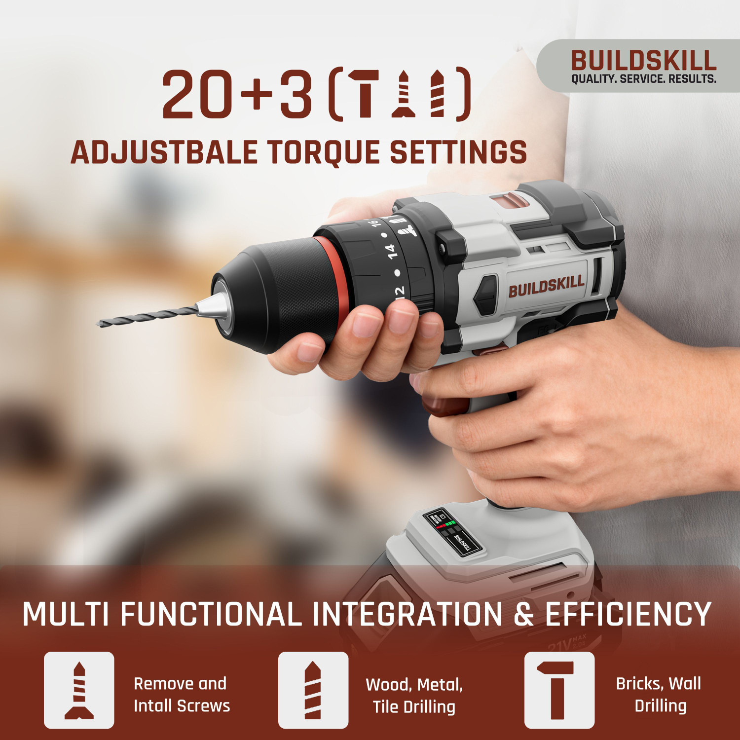 Image of BUILDSKILL 21V Brushless Cordless Impact Drill Machine | 40NM Torque | 2-Speed 400 /1400 RPM BCD21VBLBMC Cordless Drill