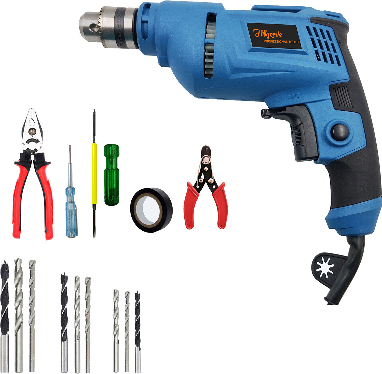 Image of Hillgrove HGCM1101M3 700W Drill Machine with 5Pcs Hand Tool Kit, 9Pcs Drill Bit Set for Making Holes in Metal /Wood /Concrete with Reverse Rotation HF0196 Pistol Grip Drill
