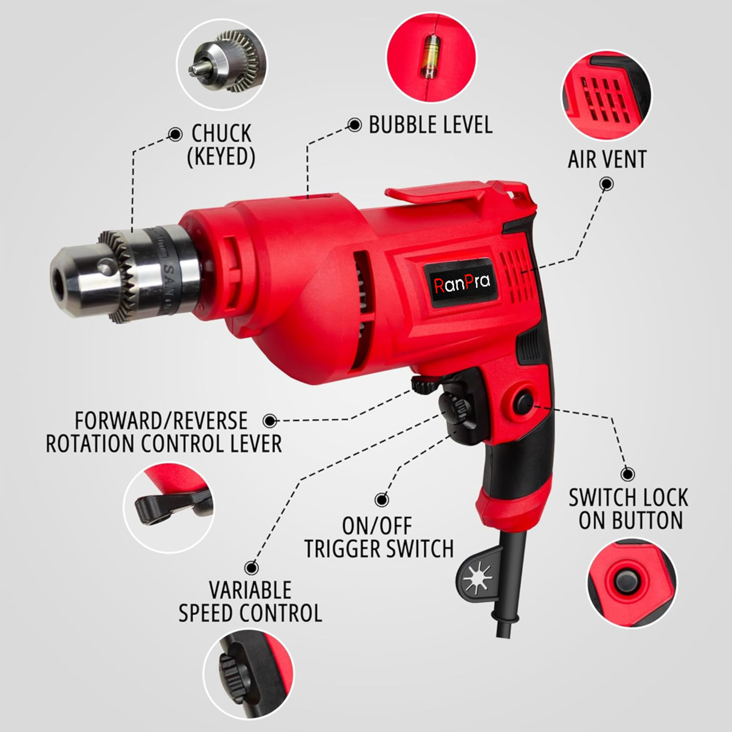 Image of RanPra 100% Copper Winding 10mm Drill Machine with 1 Pair of Safety Gloves Pistol Grip Drill