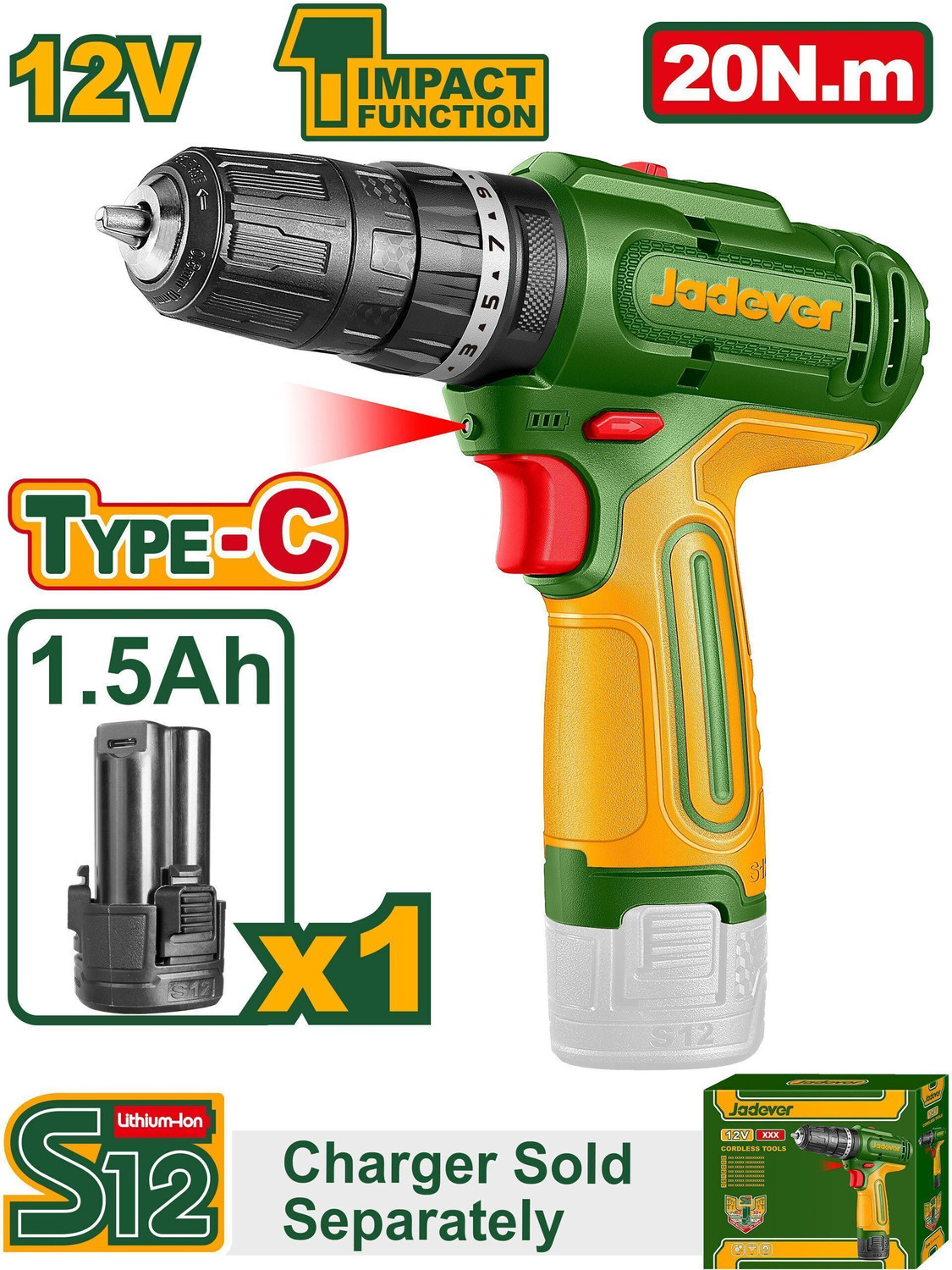 Image of JADEVER ADEVER 12V Cordless Impact Drill 20Nm, 2-Speed Variable 1500RPM JDCDS5681 JDCDS5681 Cordless Drill