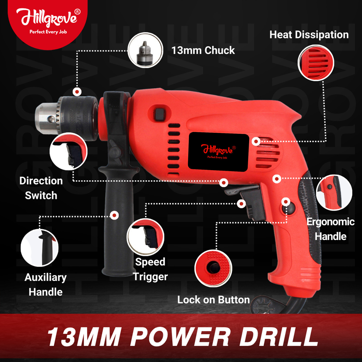 Image of Hillgrove HGCM1515M1 700W 13mm 100% Copper Winding Electric Mini Screw Drilling Wall Hole HGCM1515M1 Small Power Drill Machine Kit Set for Home Use with Reverse Function Pistol Grip Drill