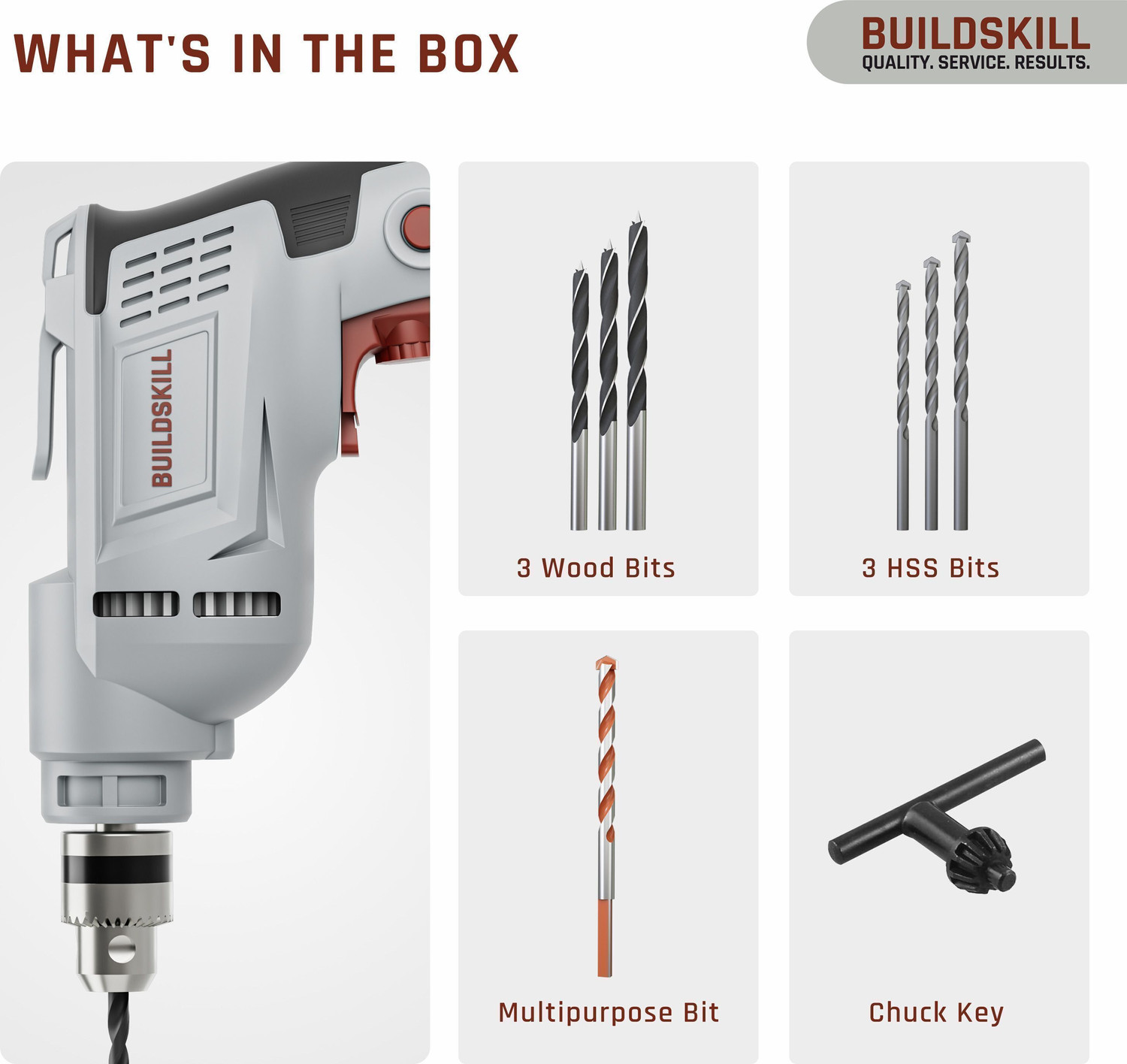 Image of BUILDSKILL 400W Electric Drill Machine | 2800RPM Variable Speed | Forward-Reverse | 7 Bits BED10400 Pistol Grip Drill