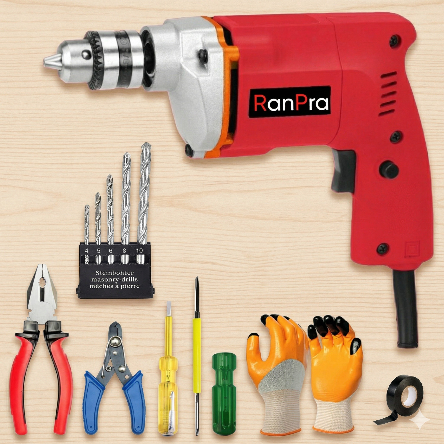 Image of RanPra 10MM POWER DRILL MACHINE WITH 5PCS HSS BIT AND TOOL SET Pistol Grip Drill