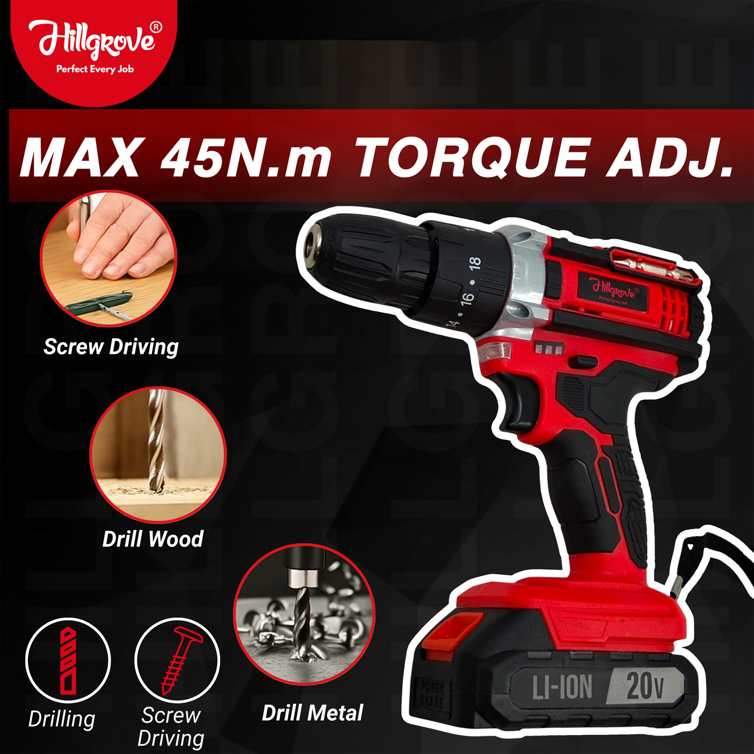 Image of Hillgrove HGCM1381M1 20V 10mm Electric Wireless Mini Cordless Charging Screw Drilling HGCM1381M1 Wall Hole Battery & Charger Power Drill Machine Kit Set for Home Use Cordless Drill